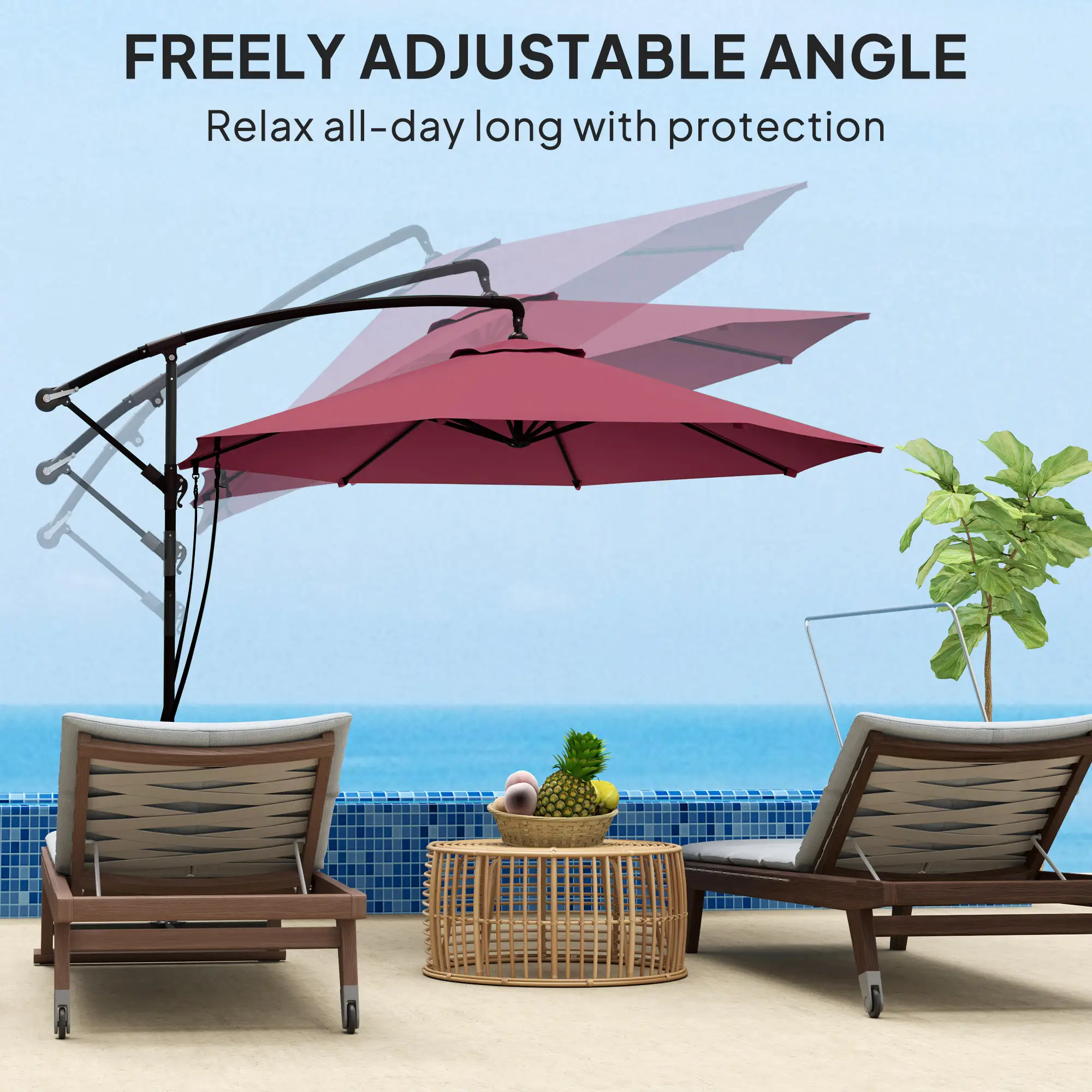 9.5' Cantilever Umbrella, Wind Protection, Crank, Cross Base, UPF 50+, Red - Image 6