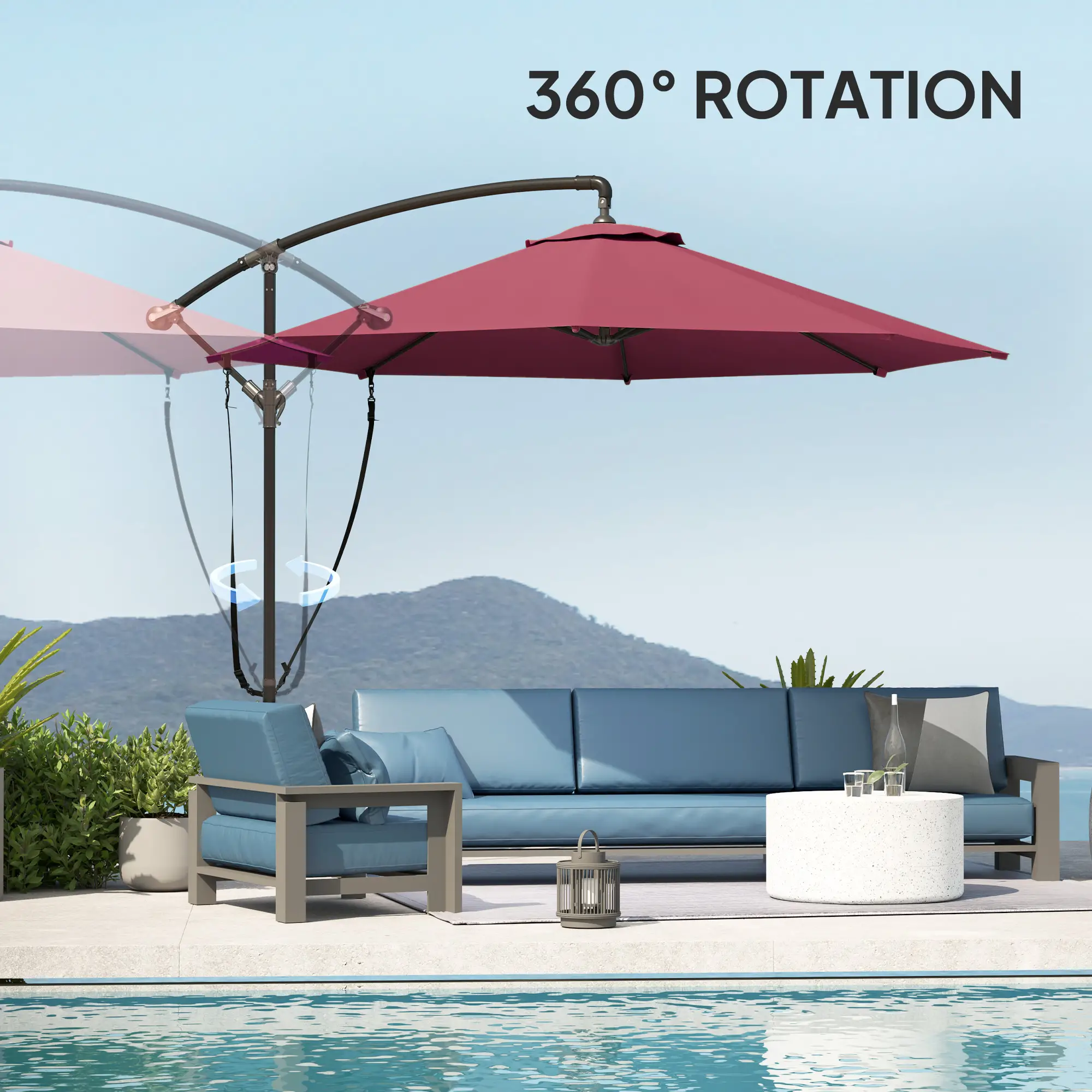 9.5' Cantilever Umbrella, Wind Protection, Crank, Cross Base, UPF 50+, Red - Image 7