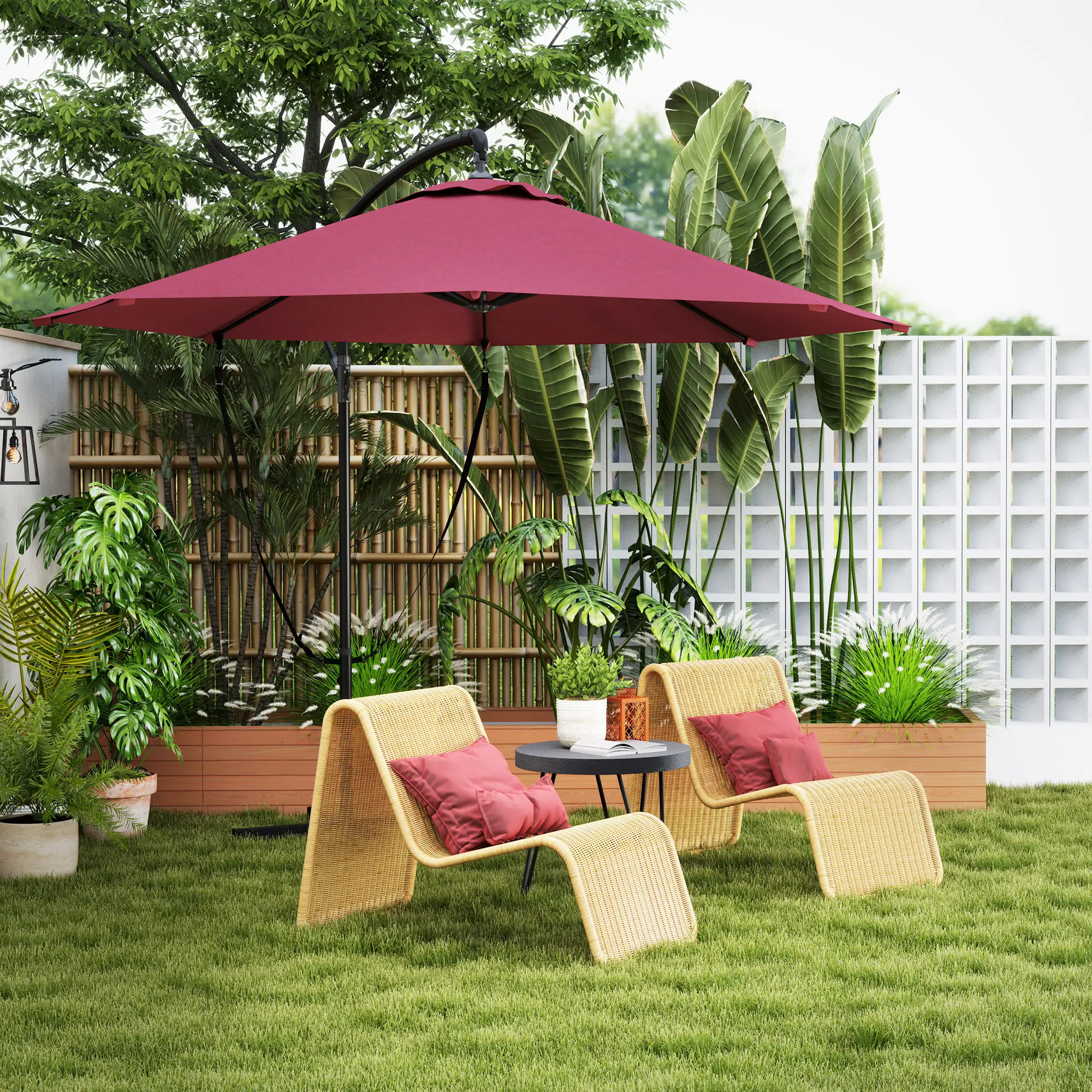 9.5' Cantilever Umbrella, Wind Protection, Crank, Cross Base, UPF 50+, Red - Image 8