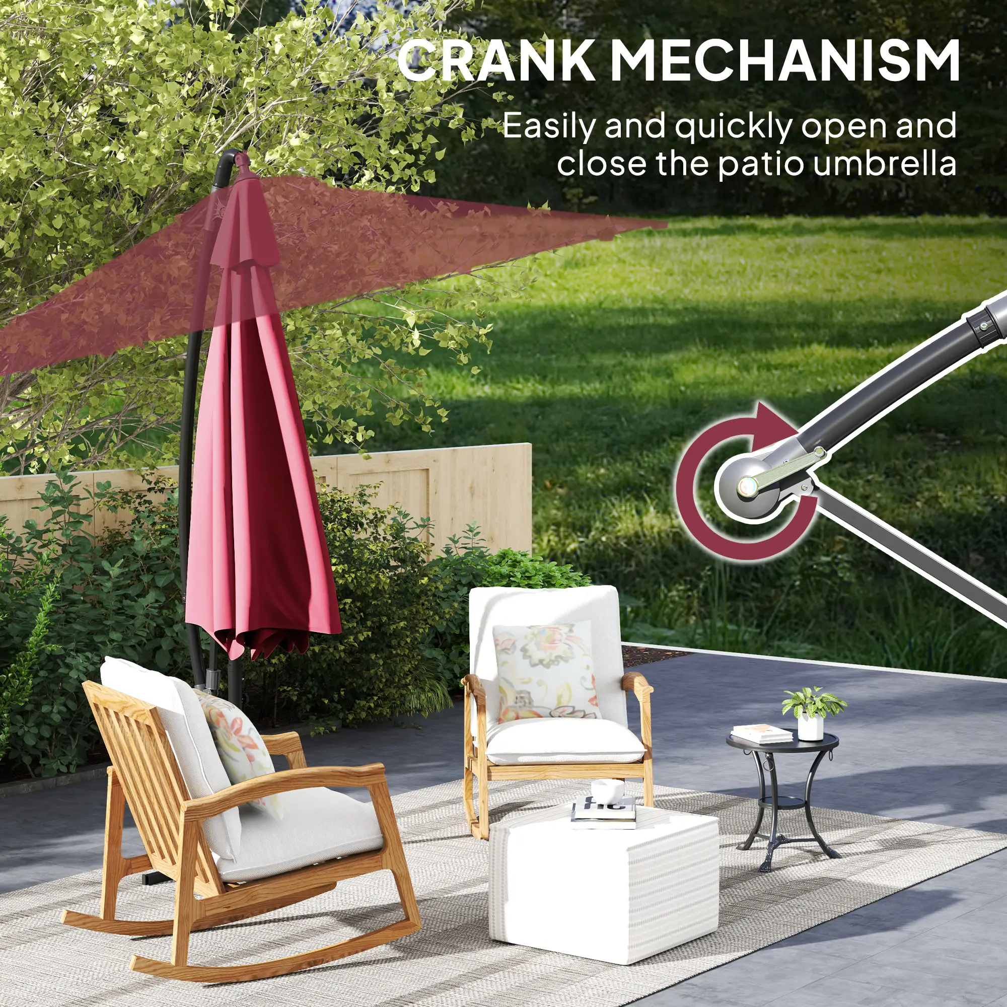 9.5' Cantilever Umbrella, Wind Protection, Crank, Cross Base, UPF 50+, Red - Image 9