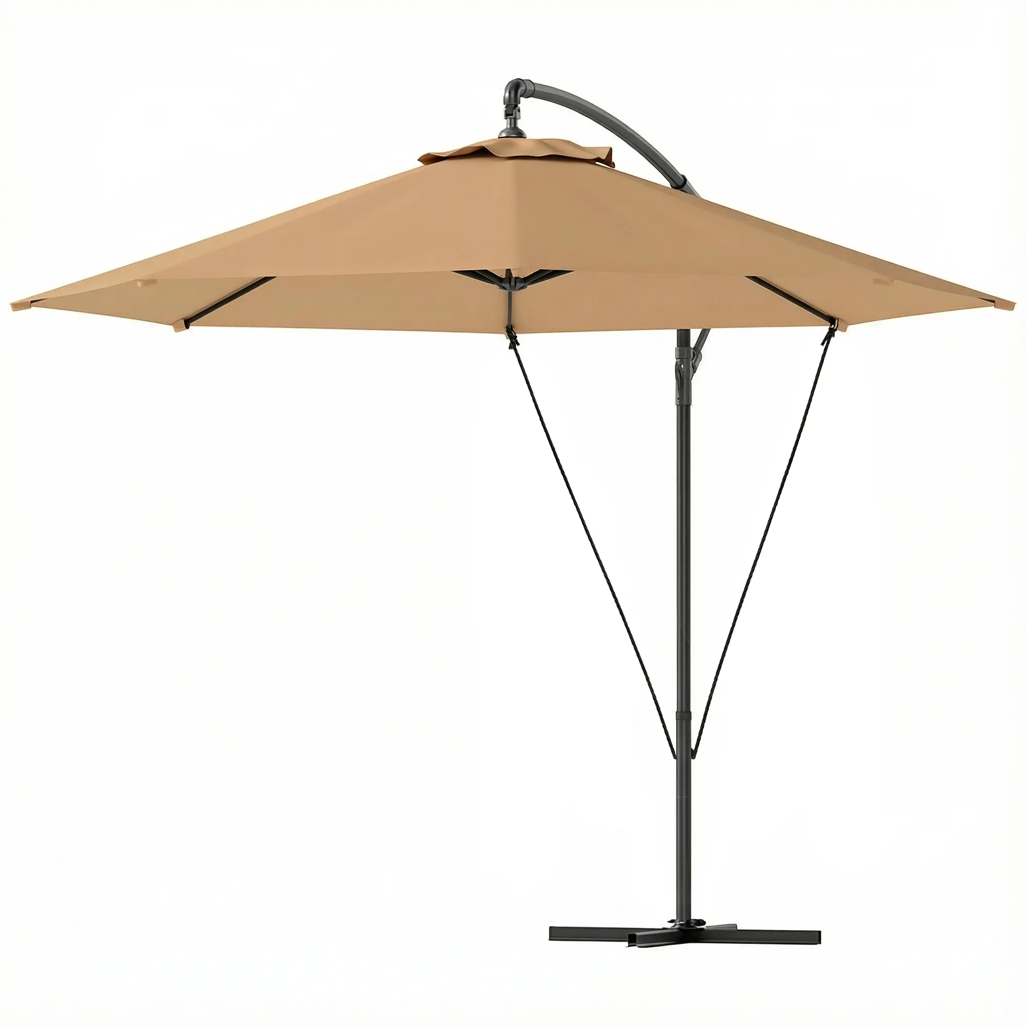 9.5' Cantilever Umbrella With Wind Strap, Cover, Crank, Cross Base, Khaki