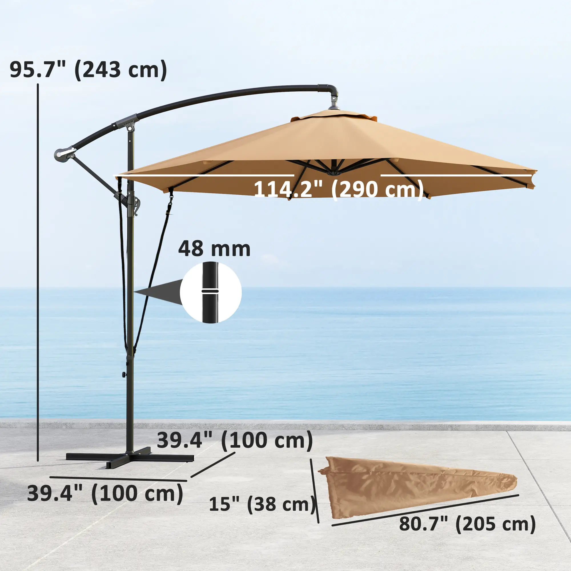 9.5' Cantilever Umbrella With Wind Strap, Cover, Crank, Cross Base, Khaki - Image 3