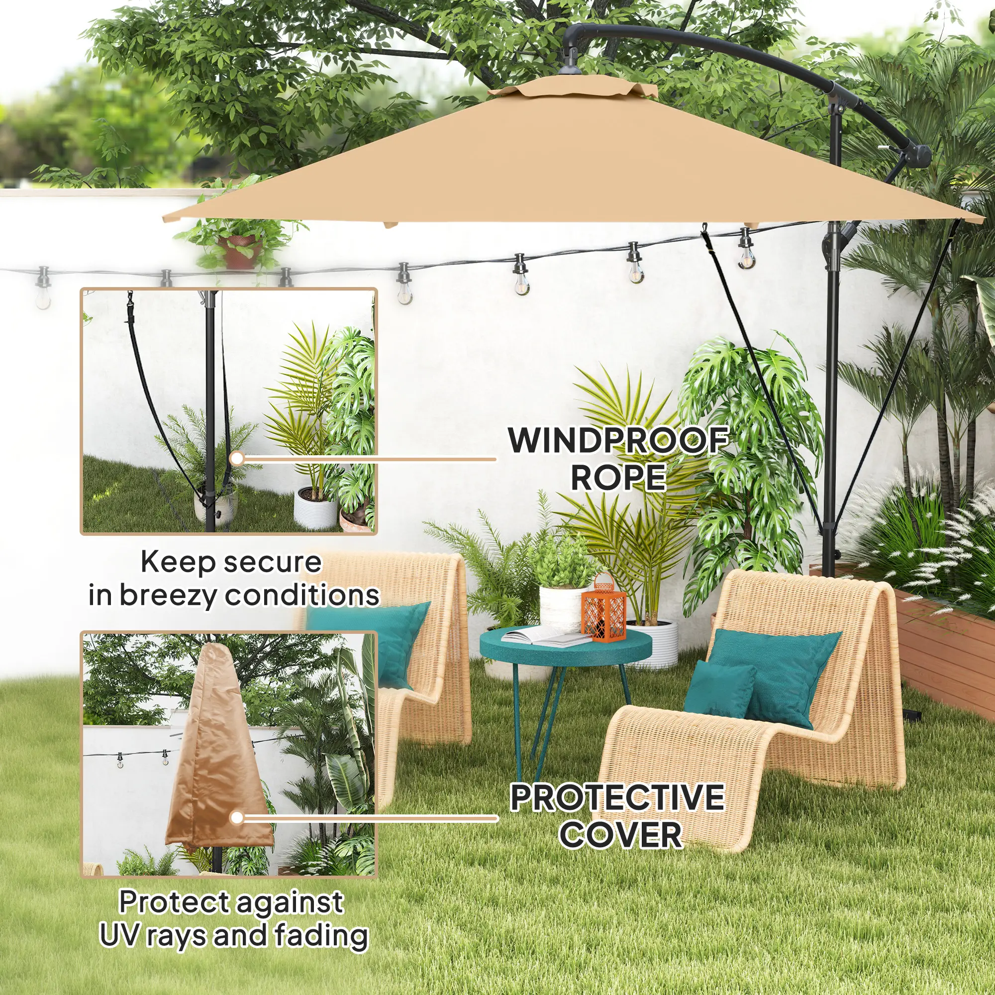 9.5' Cantilever Umbrella With Wind Strap, Cover, Crank, Cross Base, Khaki - Image 4