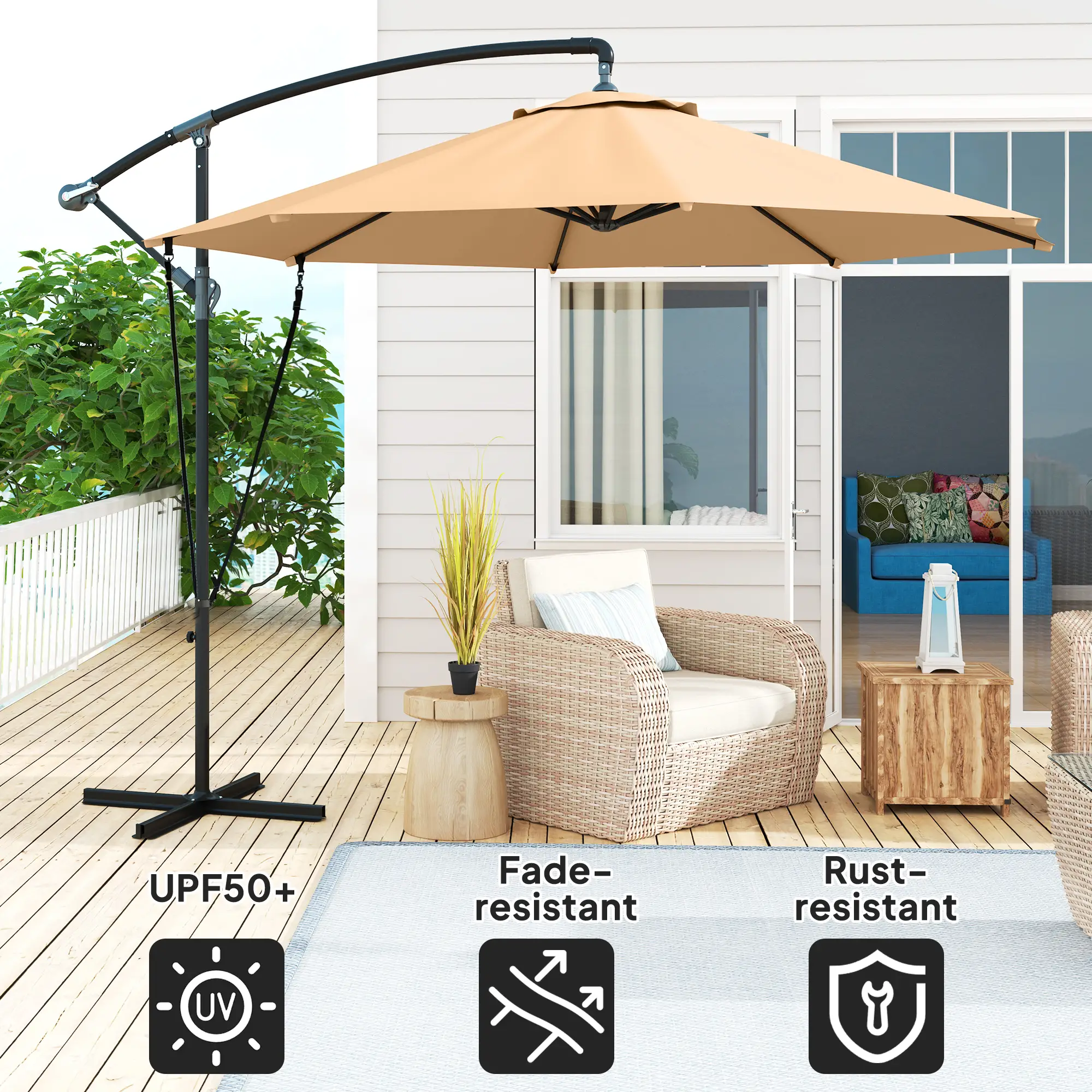 9.5' Cantilever Umbrella With Wind Strap, Cover, Crank, Cross Base, Khaki - Image 5