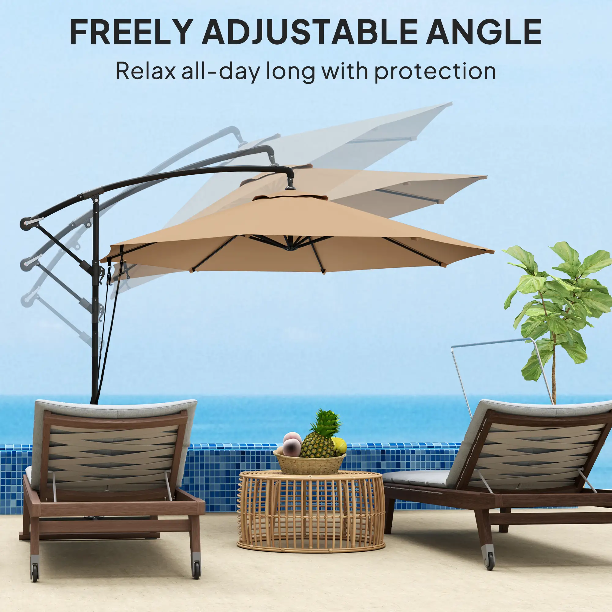 9.5' Cantilever Umbrella With Wind Strap, Cover, Crank, Cross Base, Khaki - Image 6