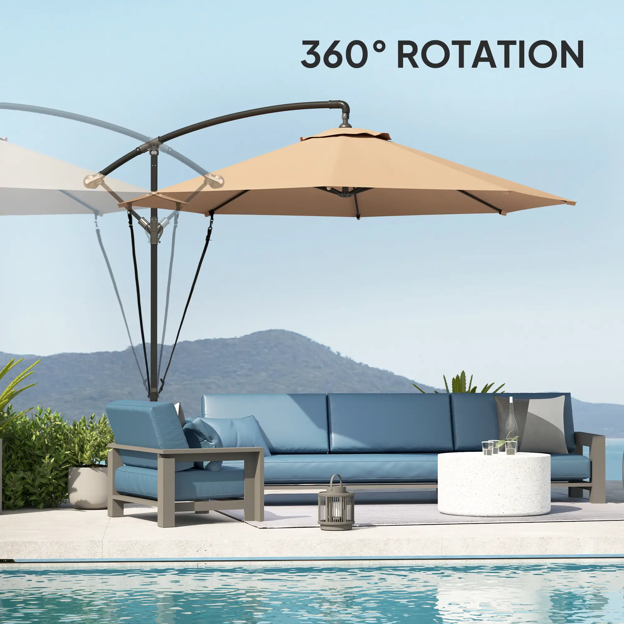 9.5' Cantilever Umbrella With Wind Strap, Cover, Crank, Cross Base, Khaki - Image 7