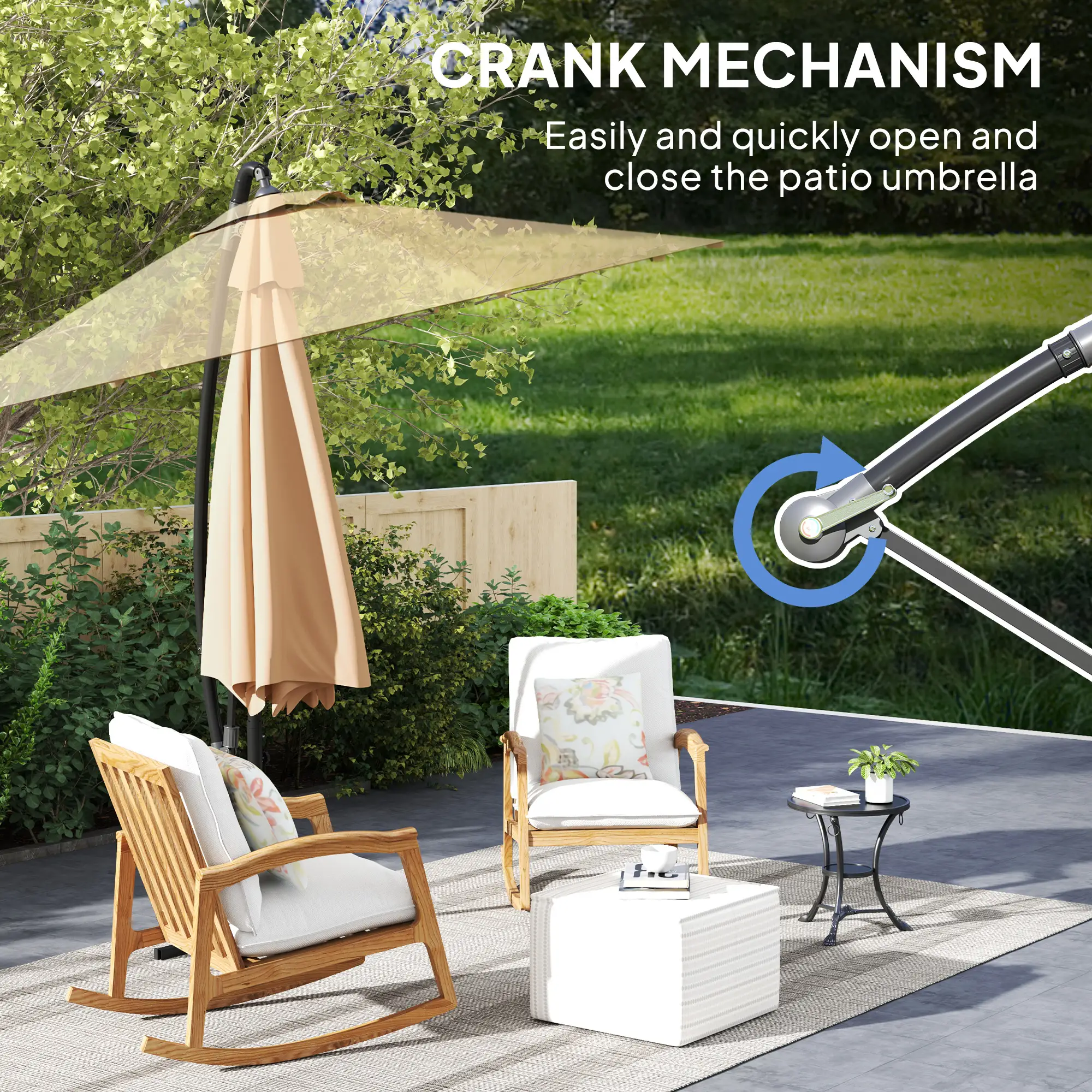 9.5' Cantilever Umbrella With Wind Strap, Cover, Crank, Cross Base, Khaki - Image 9