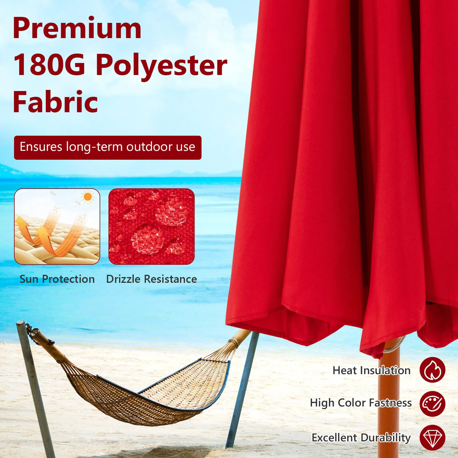 9.5 Feet Round Patio Umbrella, Fiberglass Ribs, Red - Image 10