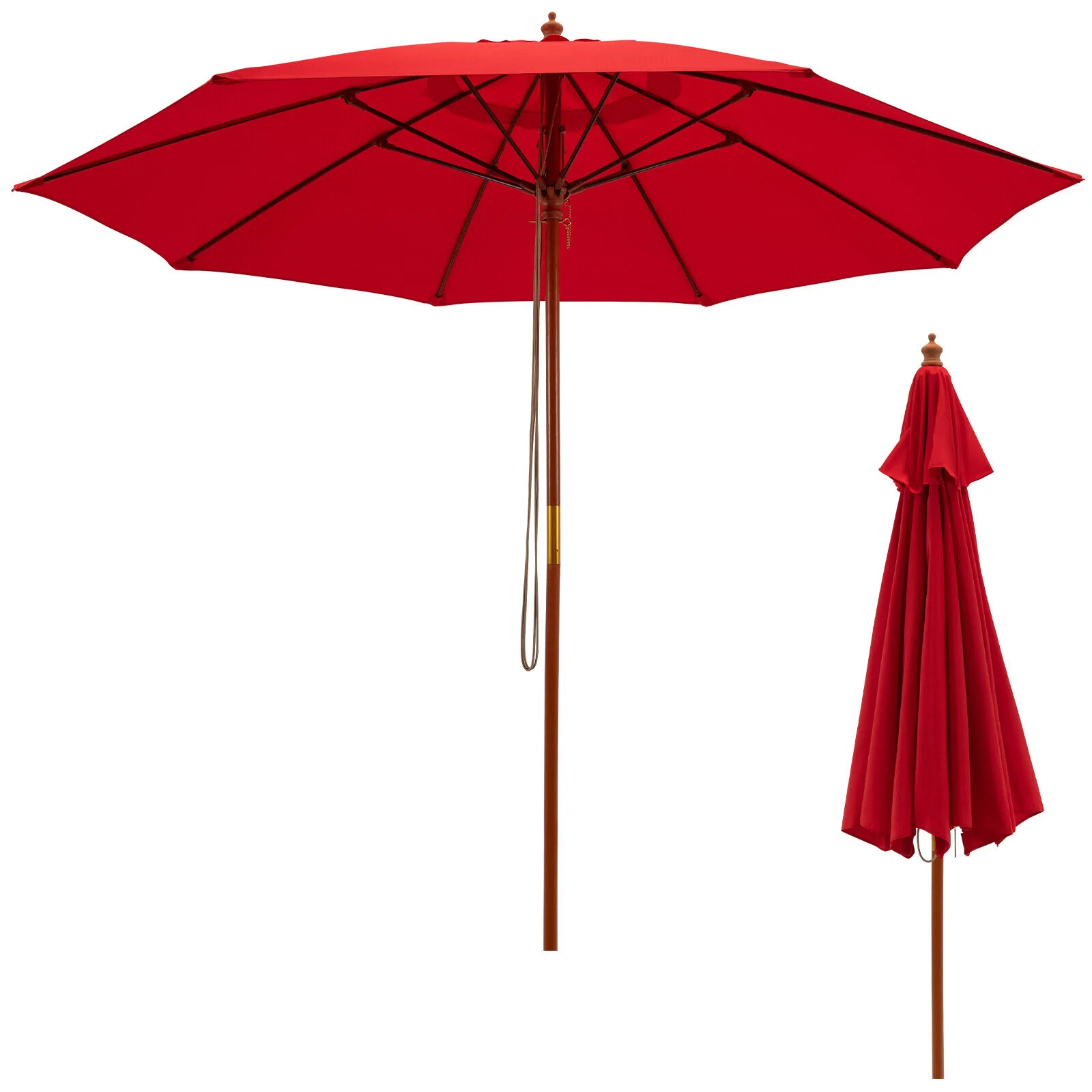 9.5 Feet Round Patio Umbrella, Fiberglass Ribs, Red - Image 5