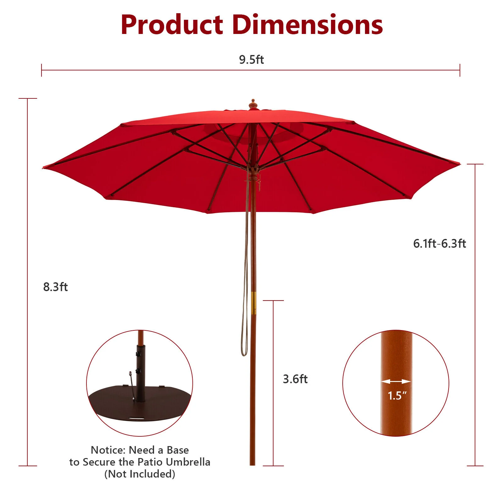 9.5 Feet Round Patio Umbrella, Fiberglass Ribs, Red - Image 6