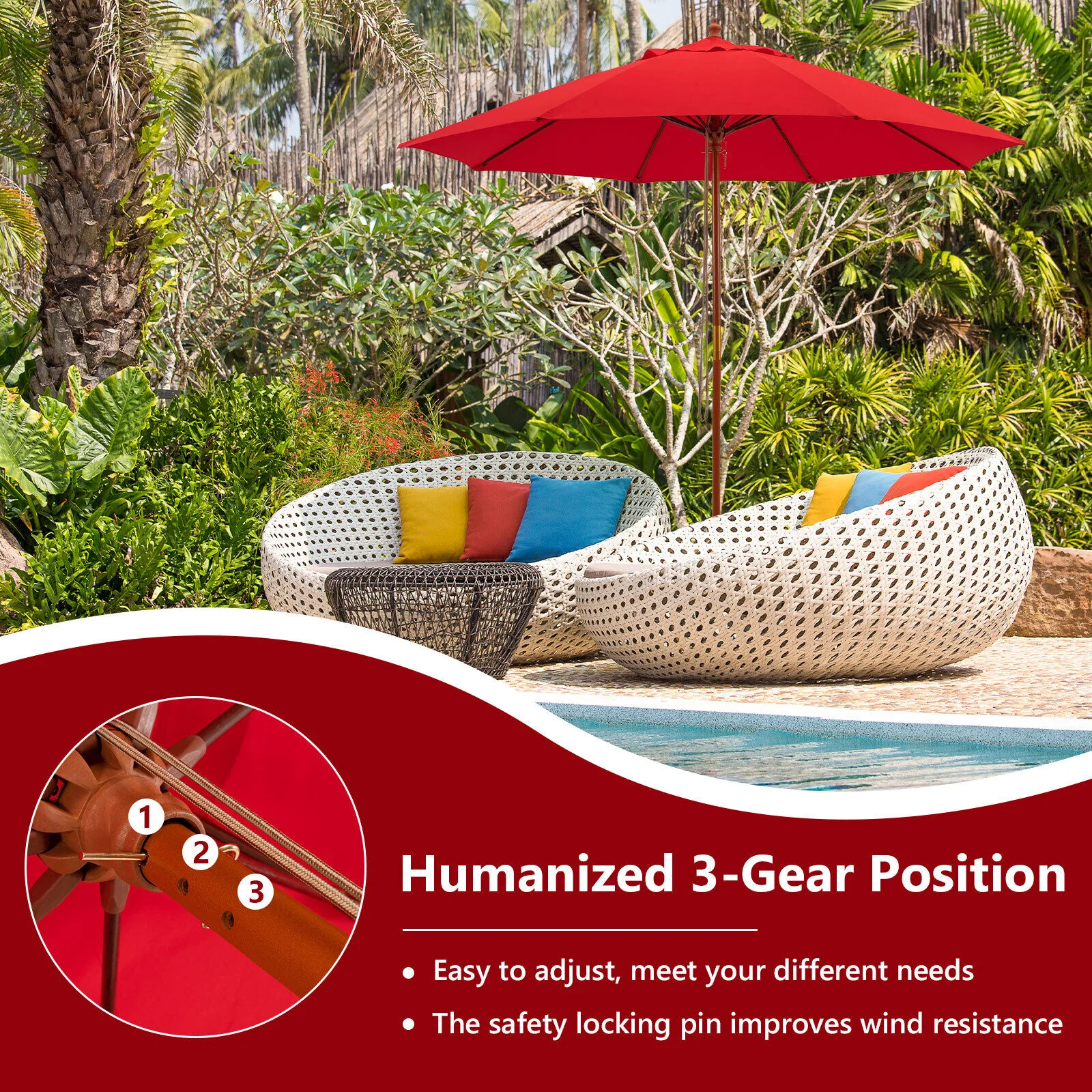 9.5 Feet Round Patio Umbrella, Fiberglass Ribs, Red - Image 8