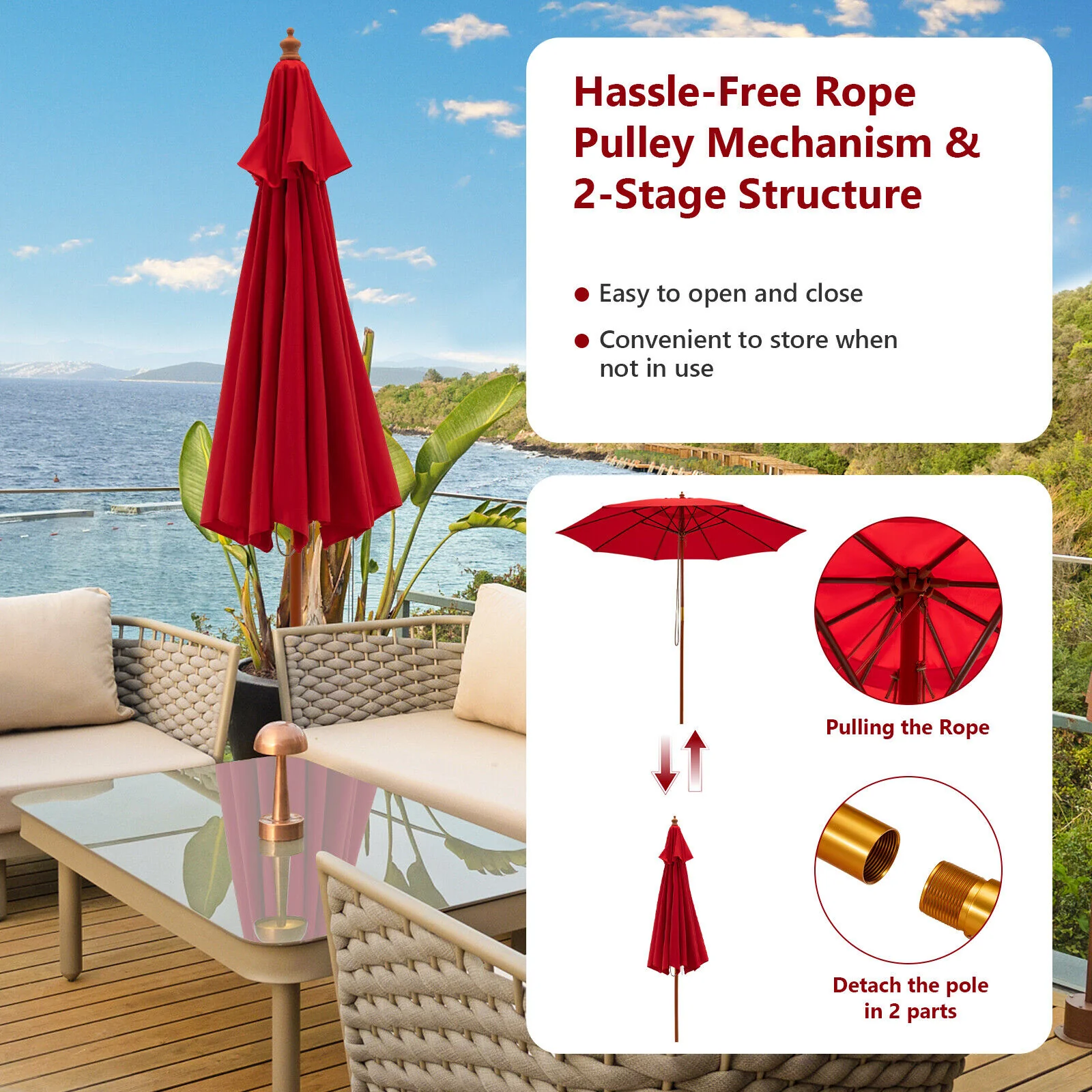 9.5 Feet Round Patio Umbrella, Fiberglass Ribs, Red - Image 9