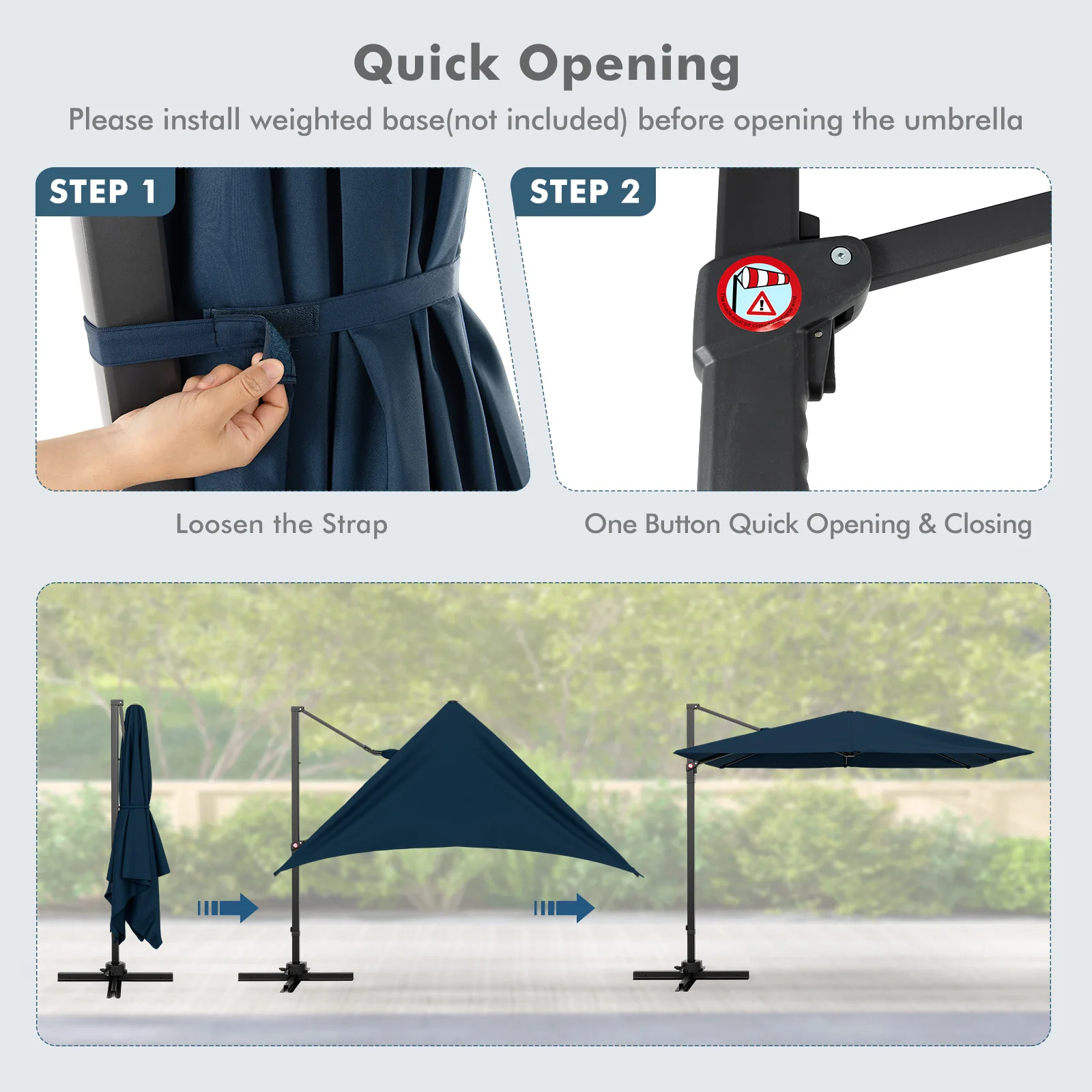 9.5 Feet Square Cantilever Patio Umbrella, 360 Rotation, Navy - Image 10