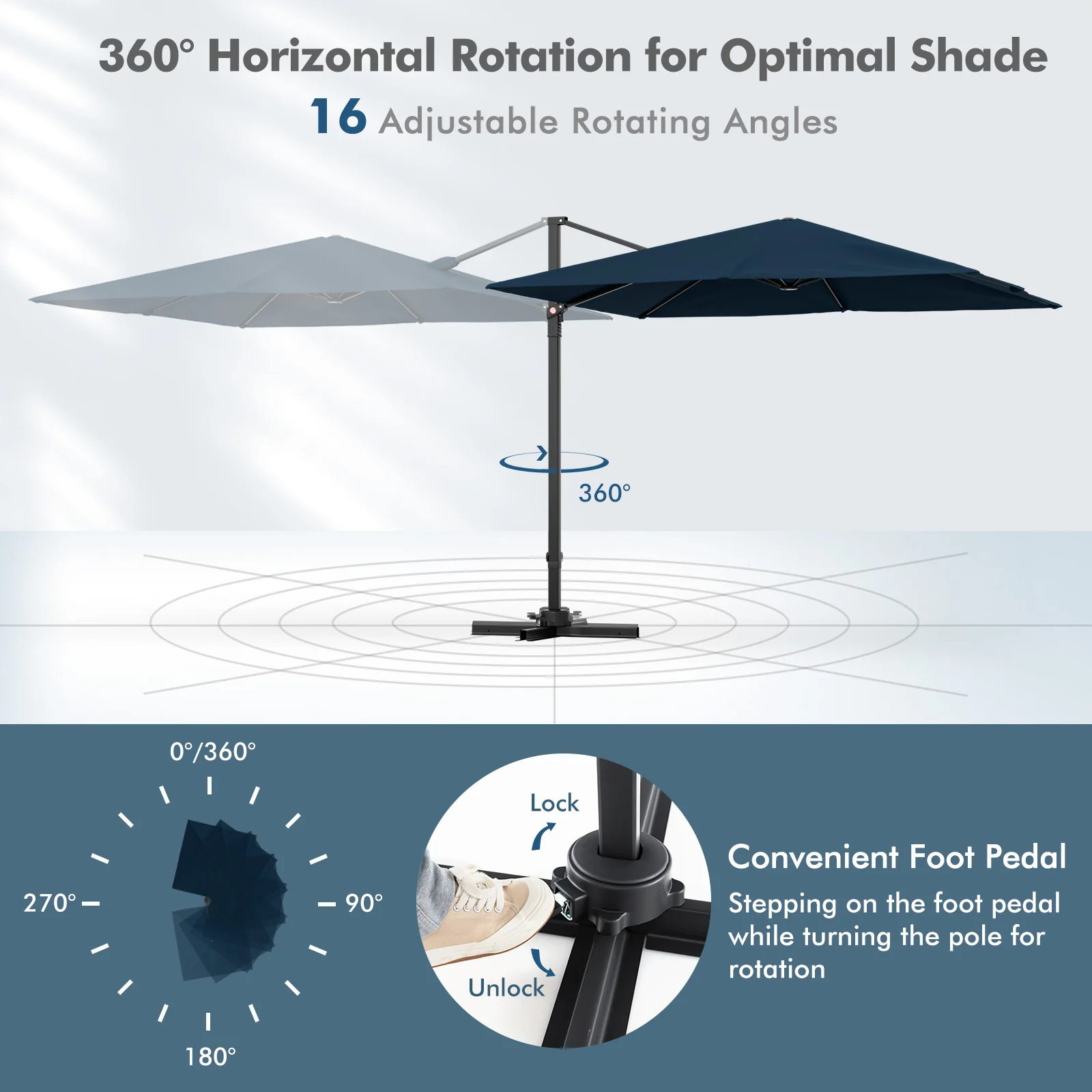 9.5 Feet Square Cantilever Patio Umbrella, 360 Rotation, Navy - Image 7