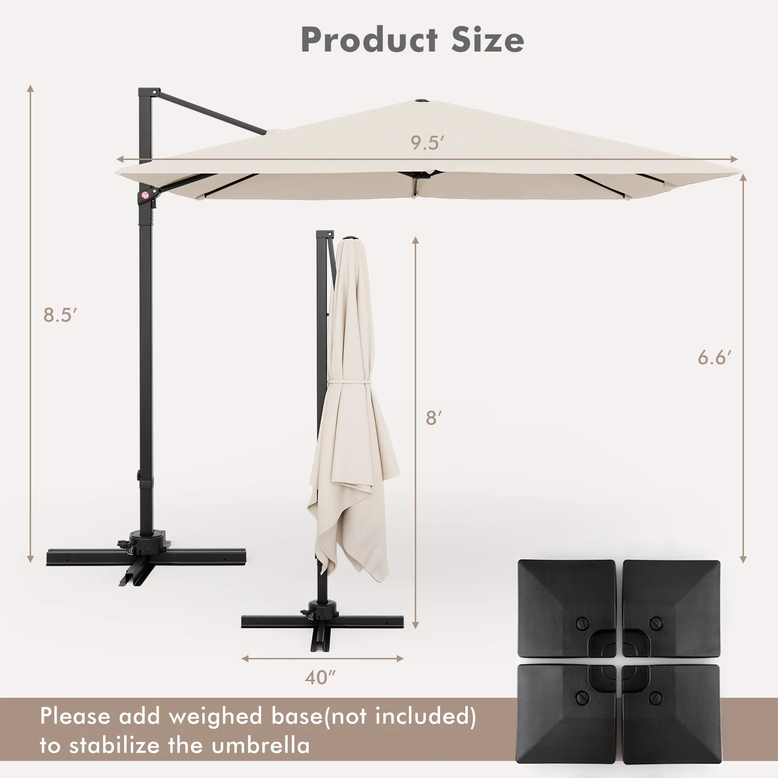 9.5 Feet Square Patio Cantilever Umbrella, 360° Rotation, Beige - Image 6