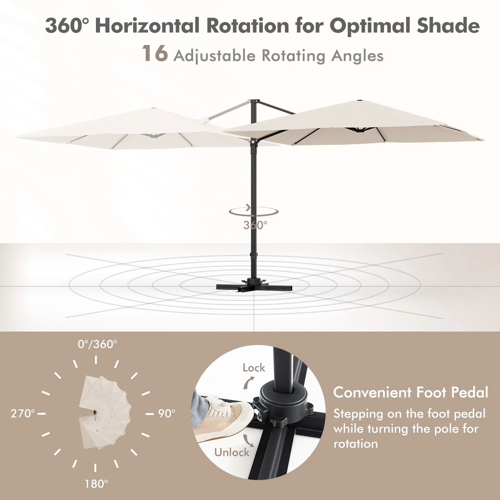 9.5 Feet Square Patio Cantilever Umbrella, 360° Rotation, Beige - Image 7