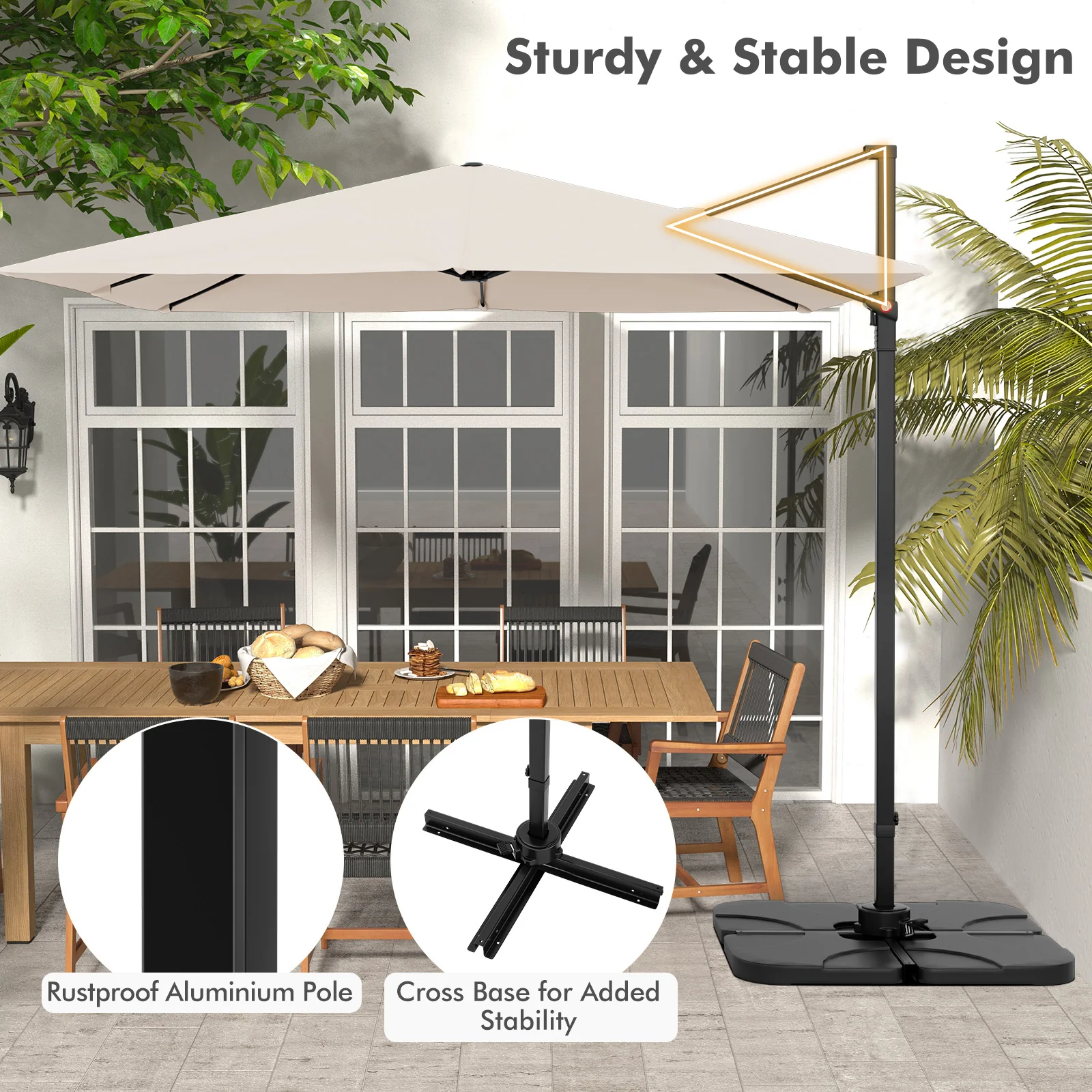 9.5 Feet Square Patio Cantilever Umbrella, 360° Rotation, Beige - Image 9