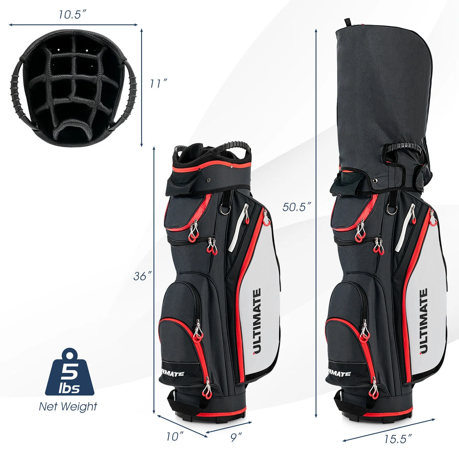 9.5 Inch Golf Cart Bag, 14 Way Dividers, Top Organizer, Black - Image 5