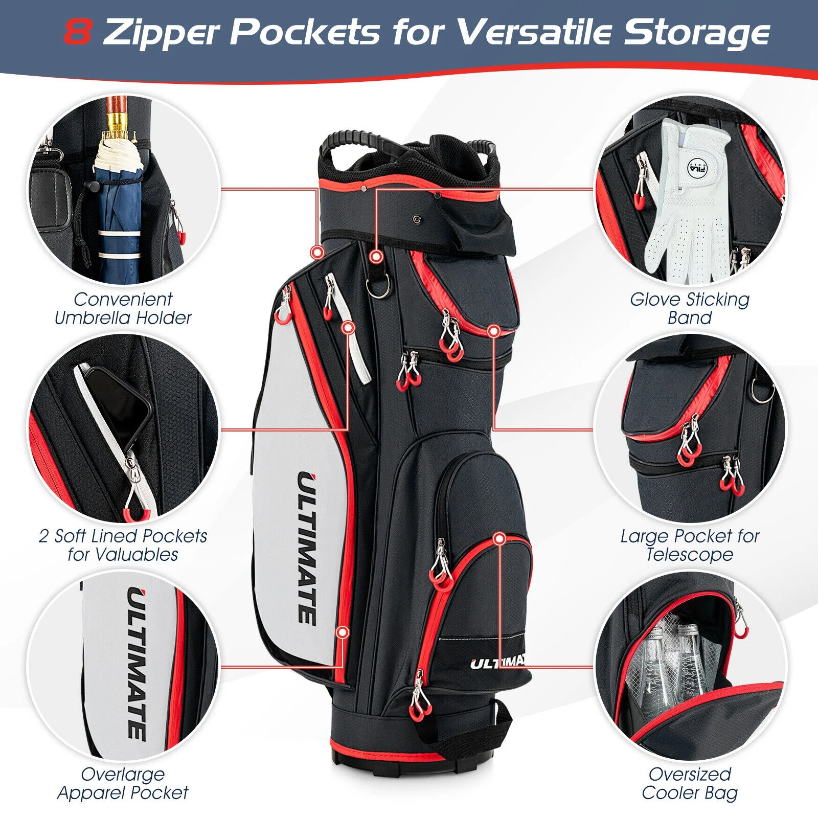 9.5 Inch Golf Cart Bag, 14 Way Dividers, Top Organizer, Black - Image 6