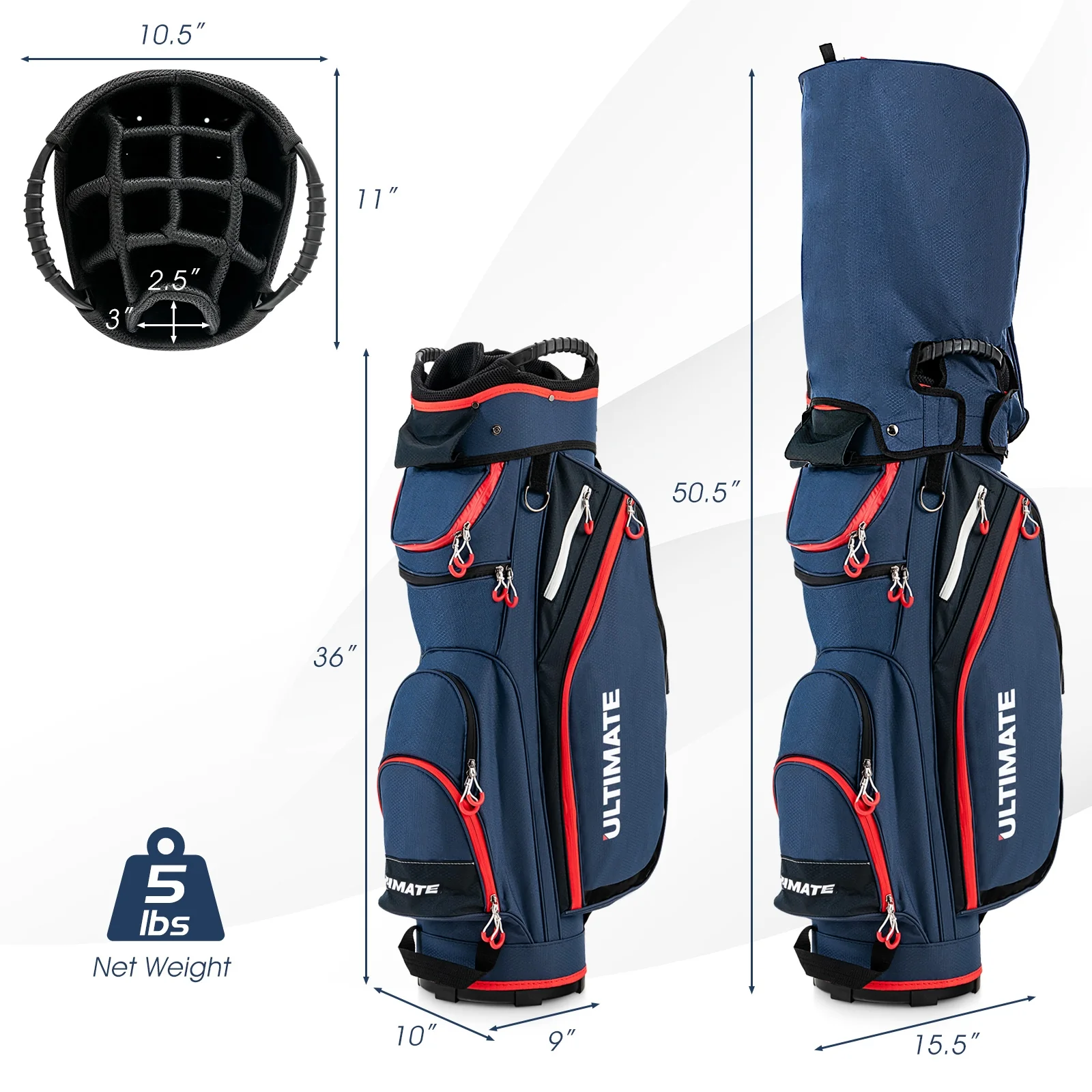 9.5 Inch Golf Cart Bag, 14 Way Dividers, Top Organizer, Navy - Image 5