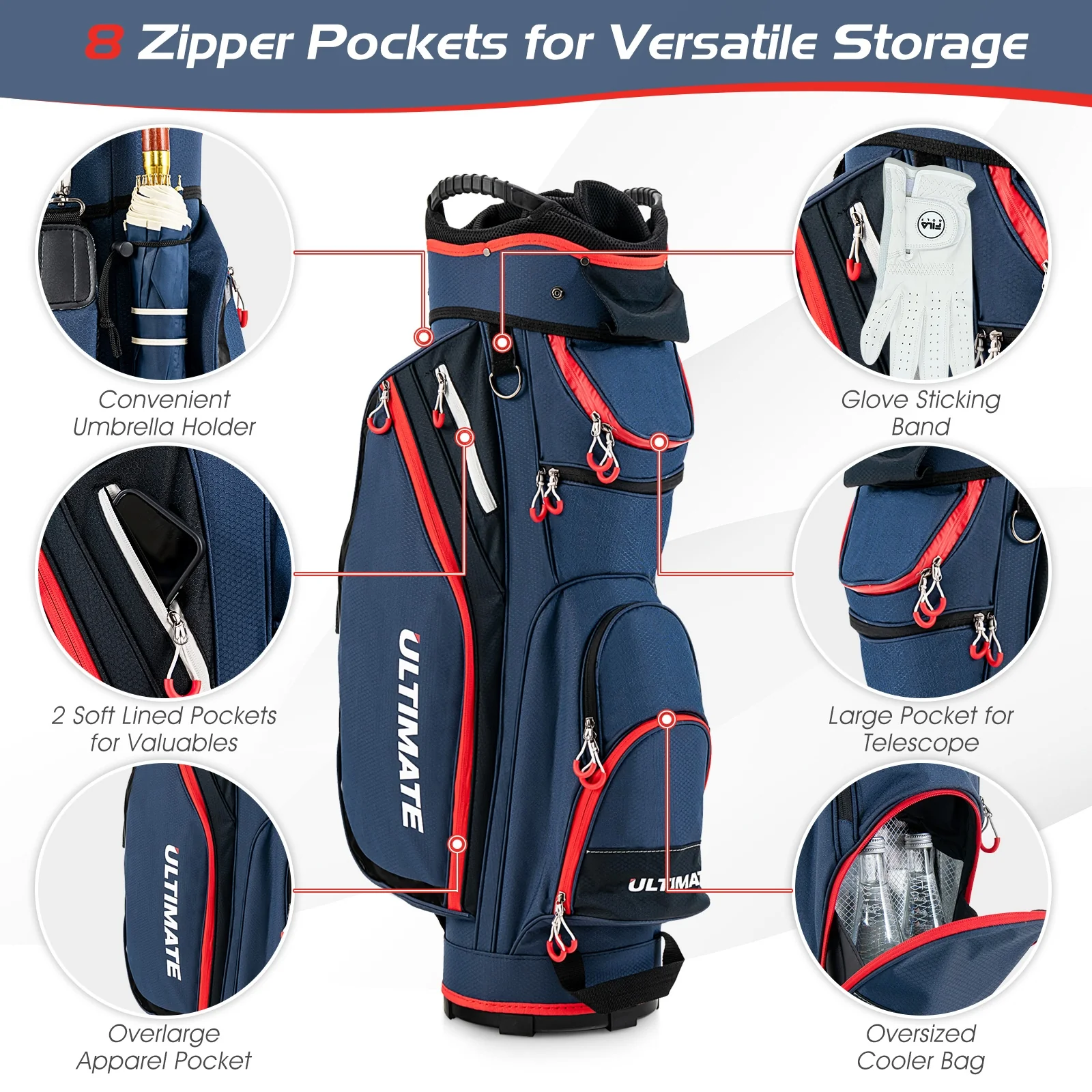 9.5 Inch Golf Cart Bag, 14 Way Dividers, Top Organizer, Navy - Image 6