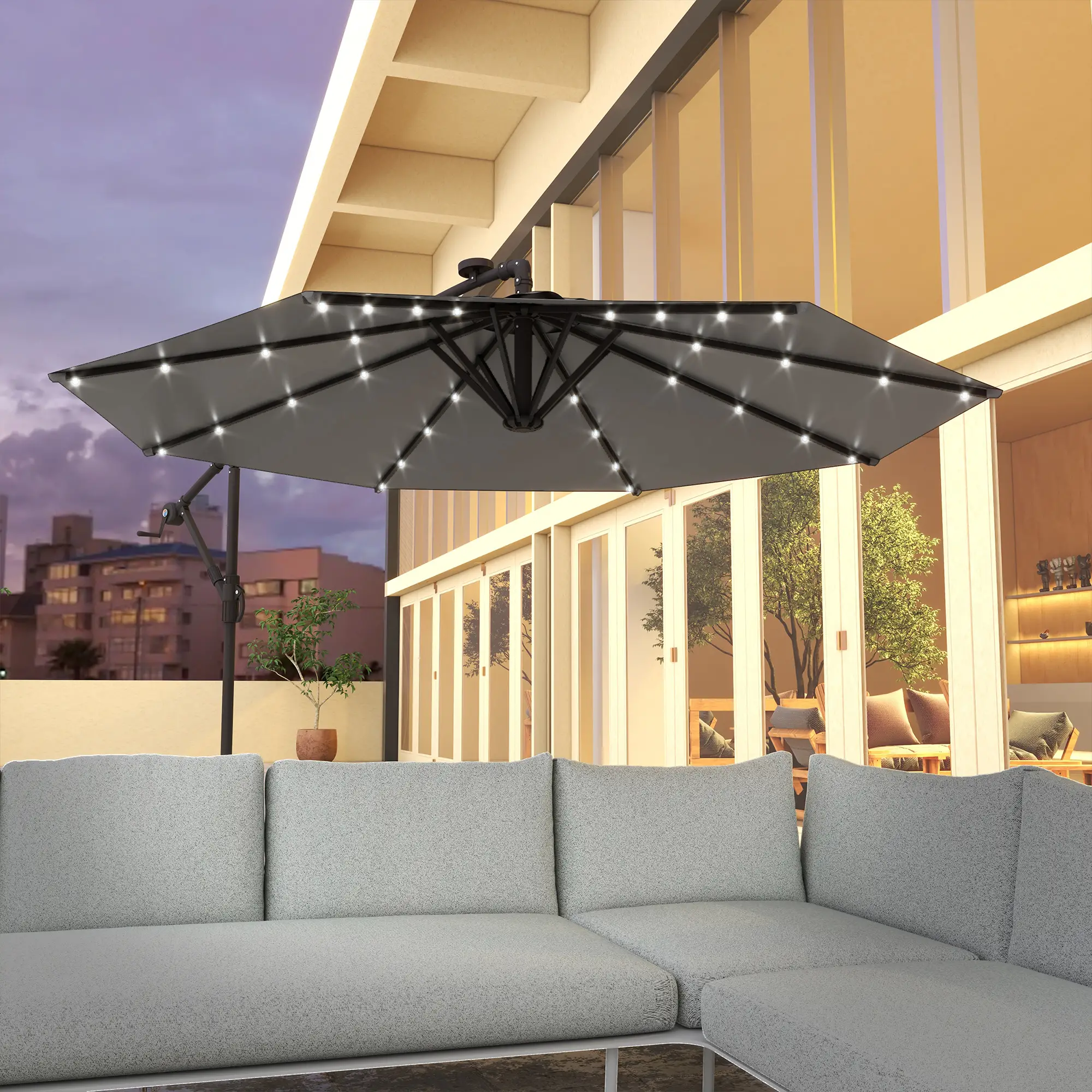 9.5' Offset Patio Umbrella with Solar LED Lights, Dark Grey - Image 2