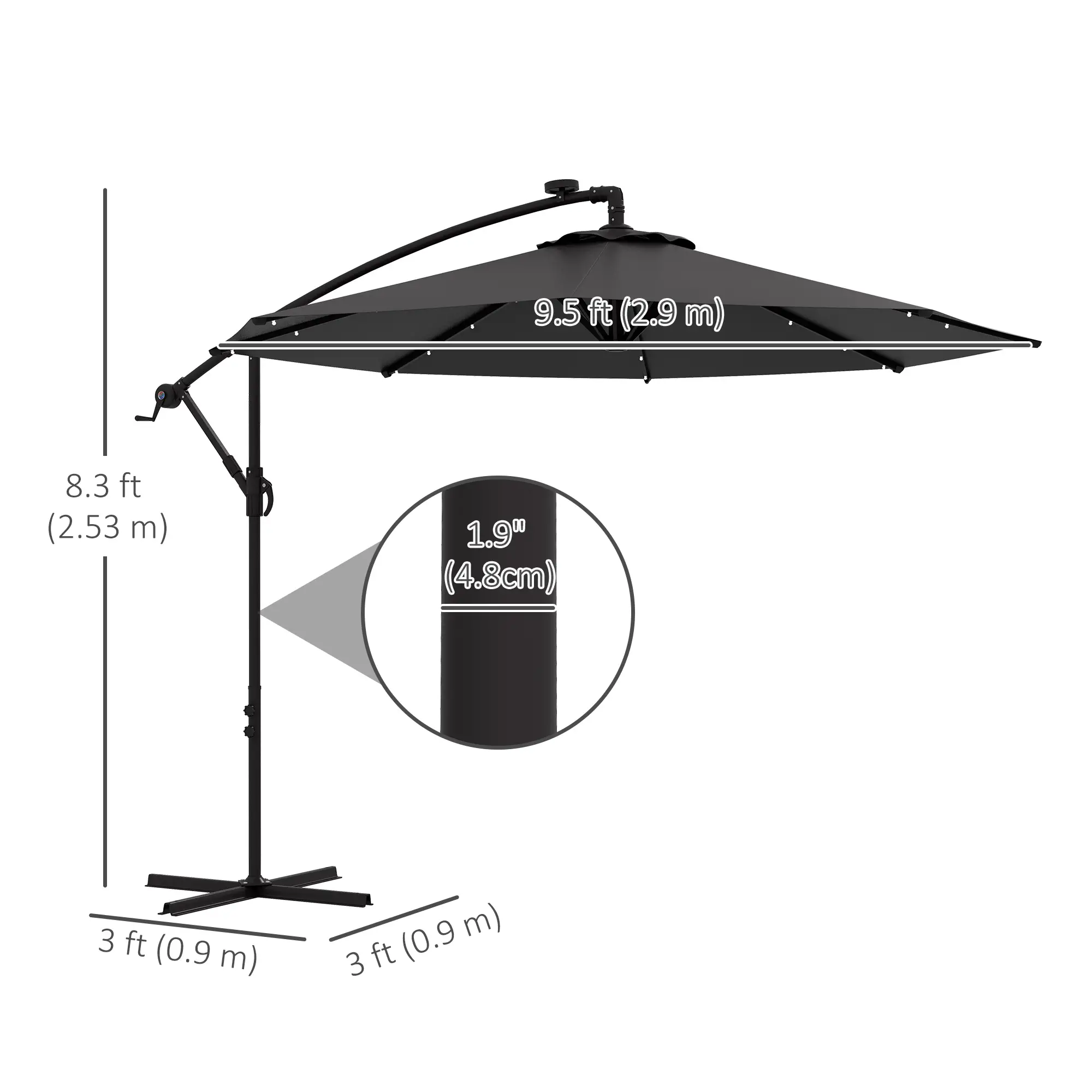 9.5' Offset Patio Umbrella with Solar LED Lights, Dark Grey - Image 3