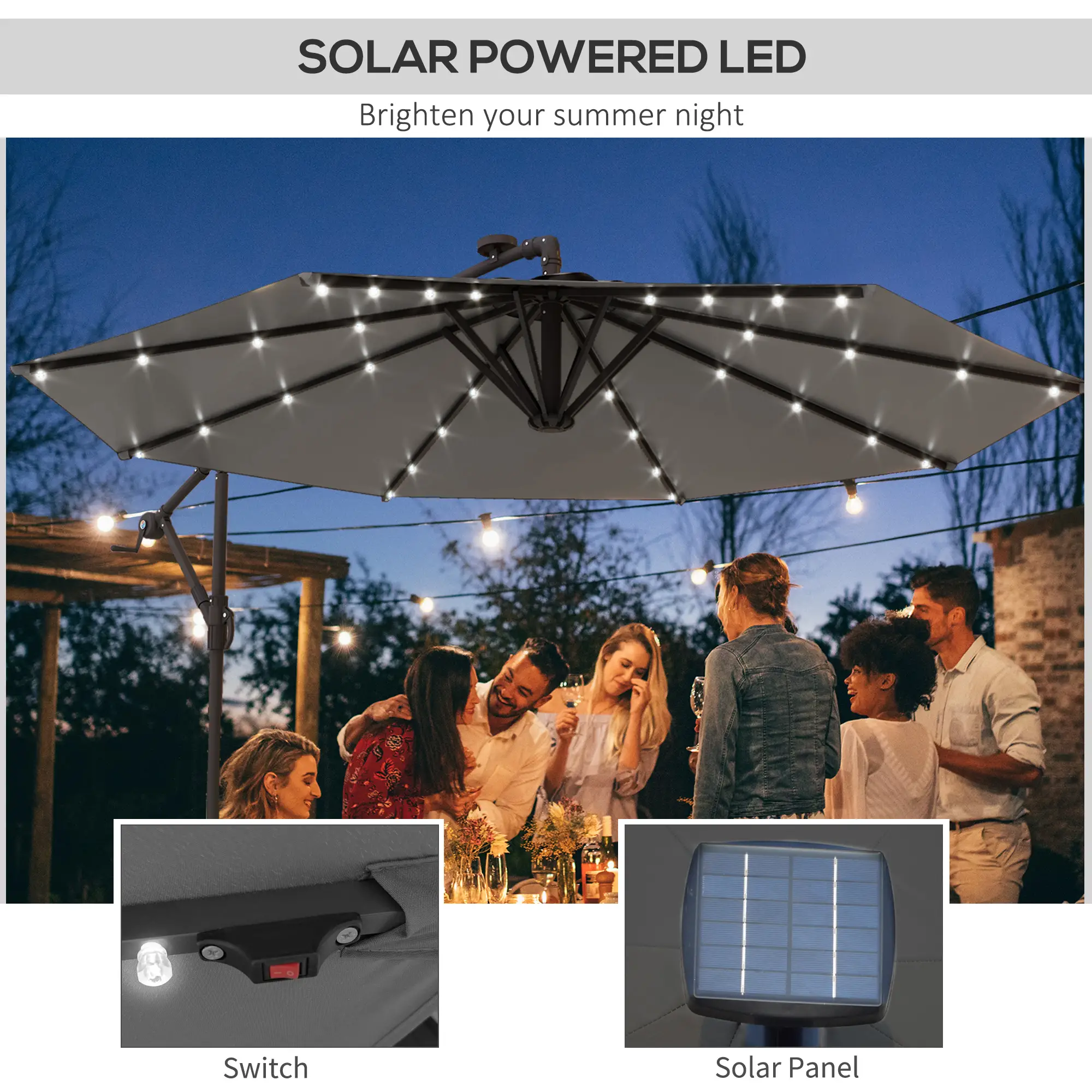 9.5' Offset Patio Umbrella with Solar LED Lights, Dark Grey - Image 4