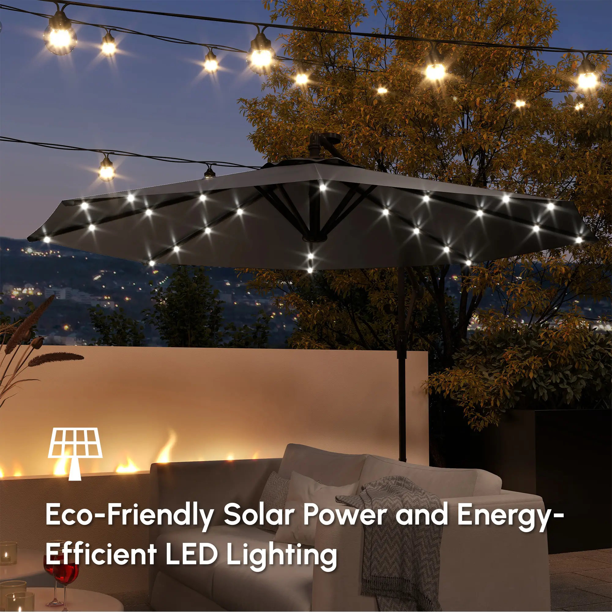 9.5' Offset Patio Umbrella with Solar LED Lights, Dark Grey - Image 7