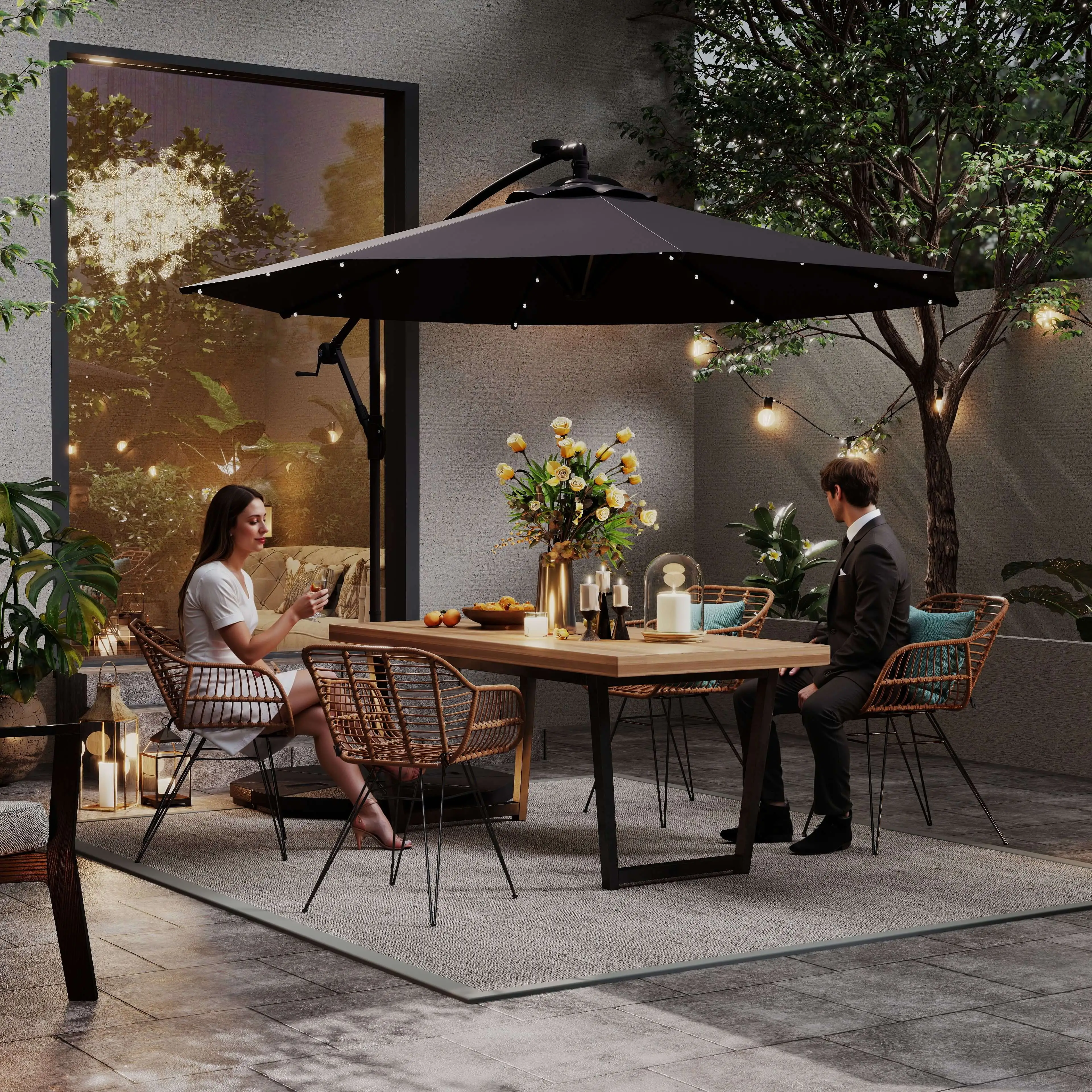 9.5' Offset Patio Umbrella with Solar LED Lights, Dark Grey - Image 8