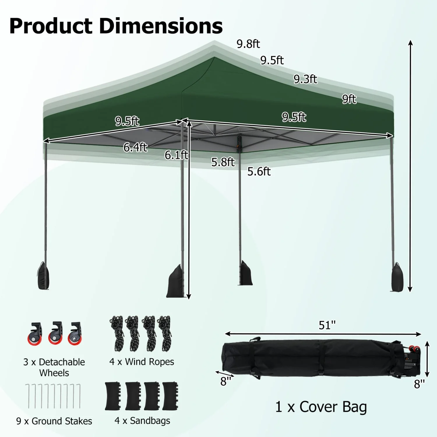 9.5 x 9.5 Feet Pop Up Canopy Tent, Adjustable Height, Green - Image 5