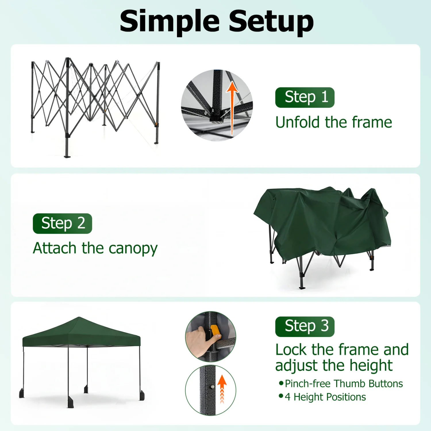 9.5 x 9.5 Feet Pop Up Canopy Tent, Adjustable Height, Green - Image 7