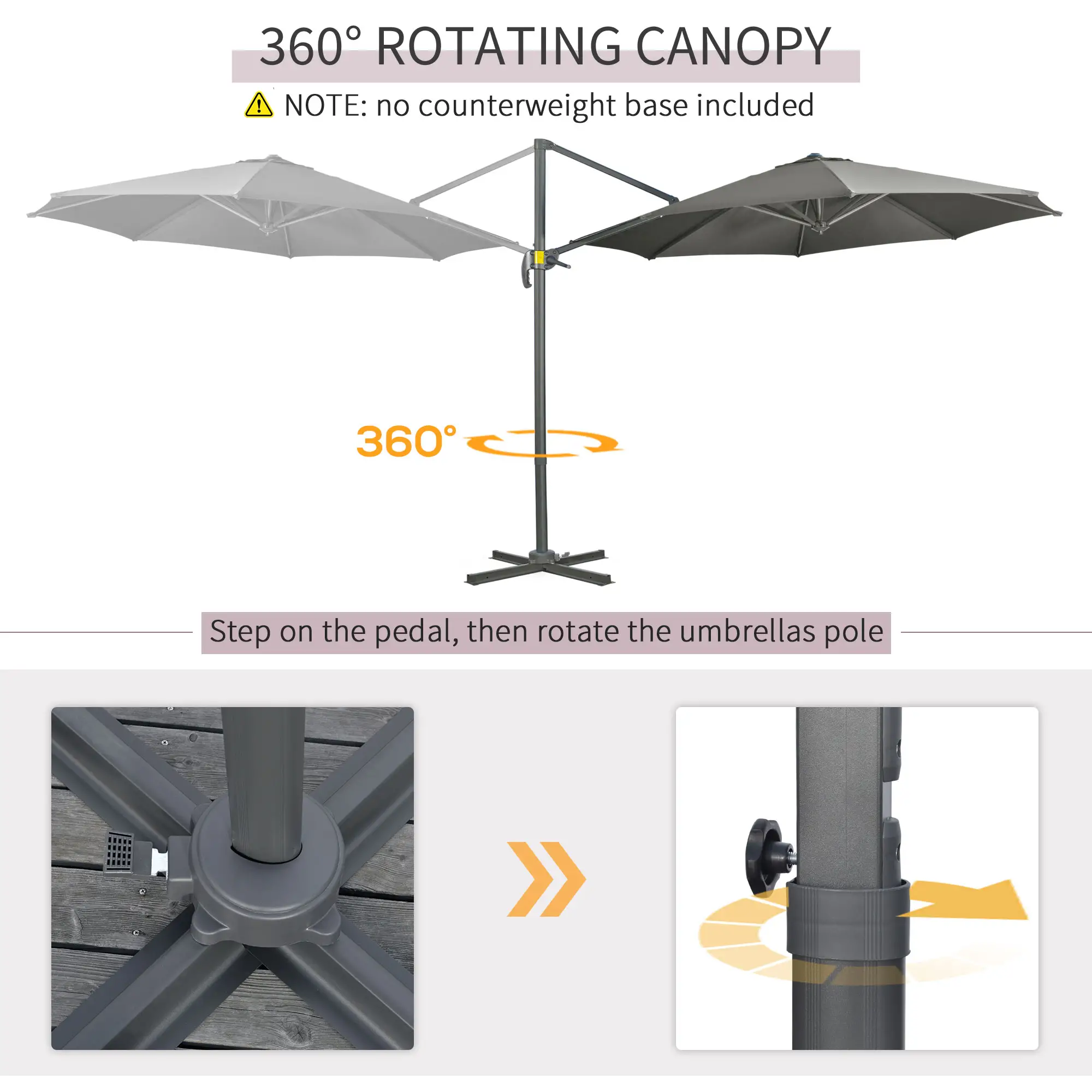 9.6' Cantilever Patio Umbrella, Outdoor Hanging, 360° Rotation, Grey - Image 4