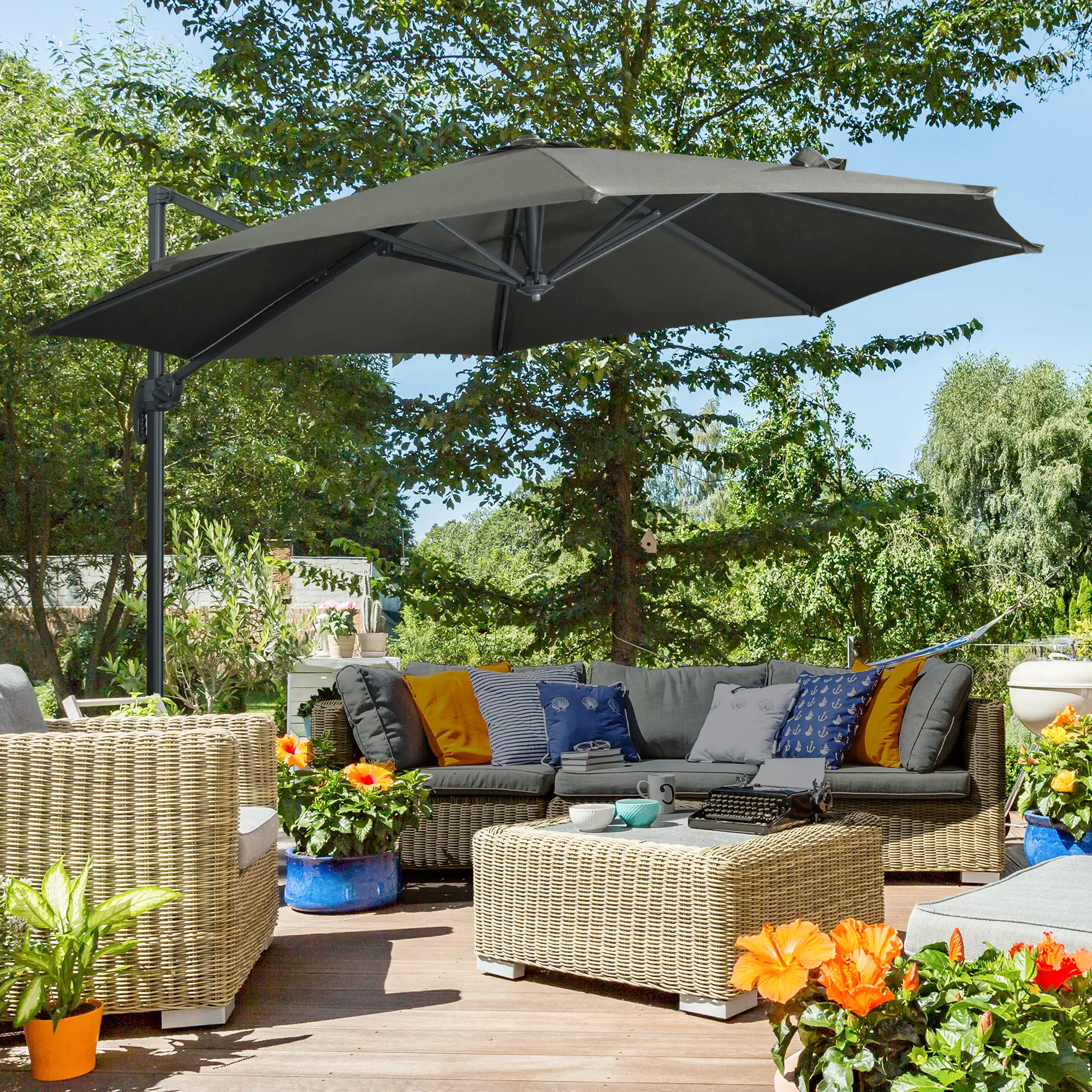 9.6' Cantilever Patio Umbrella, Outdoor Hanging, 360° Rotation, Grey - Image 8