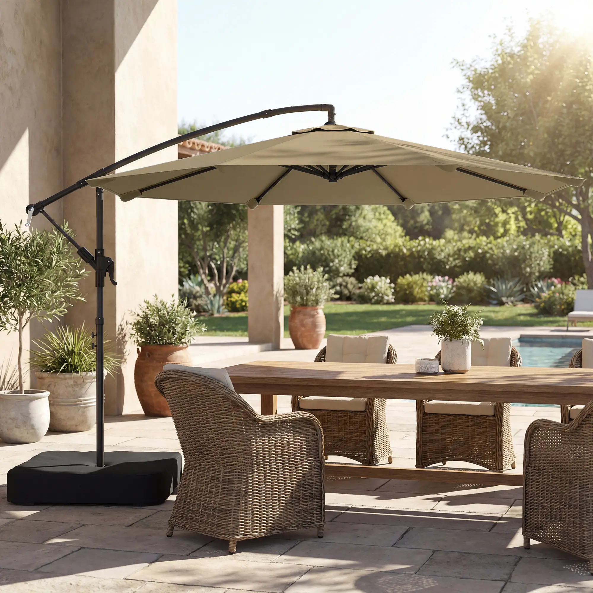 9.6 ft Offset Patio Umbrella, Sandbag, 360° Rotation, Khaki - Image 10