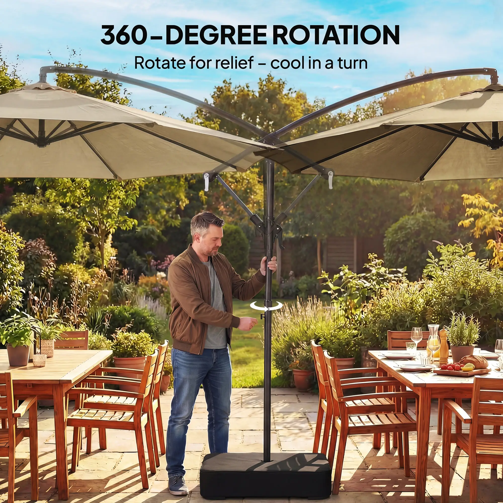9.6 ft Offset Patio Umbrella, Sandbag, 360° Rotation, Khaki - Image 6