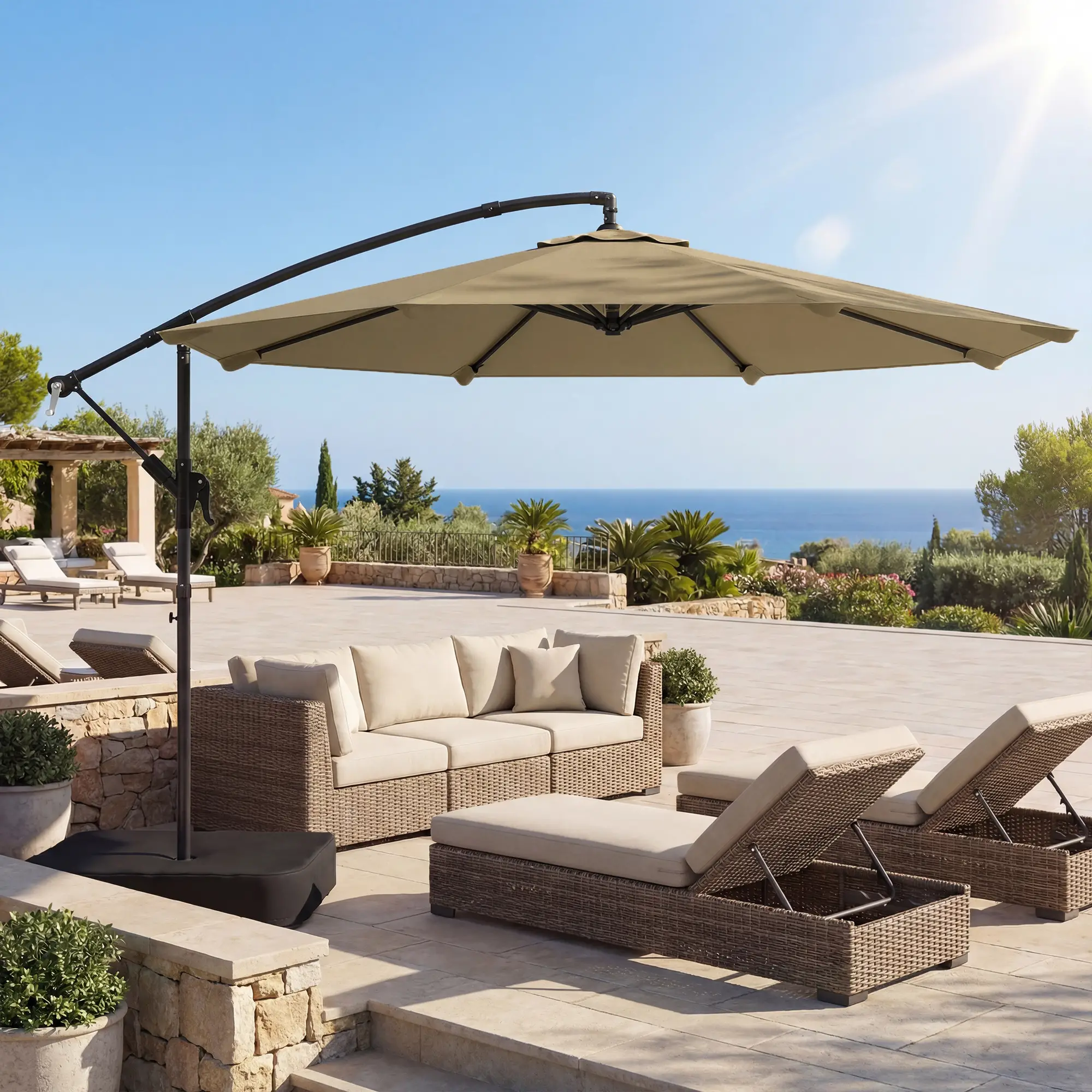 9.6 ft Offset Patio Umbrella, Sandbag, 360° Rotation, Khaki - Image 8