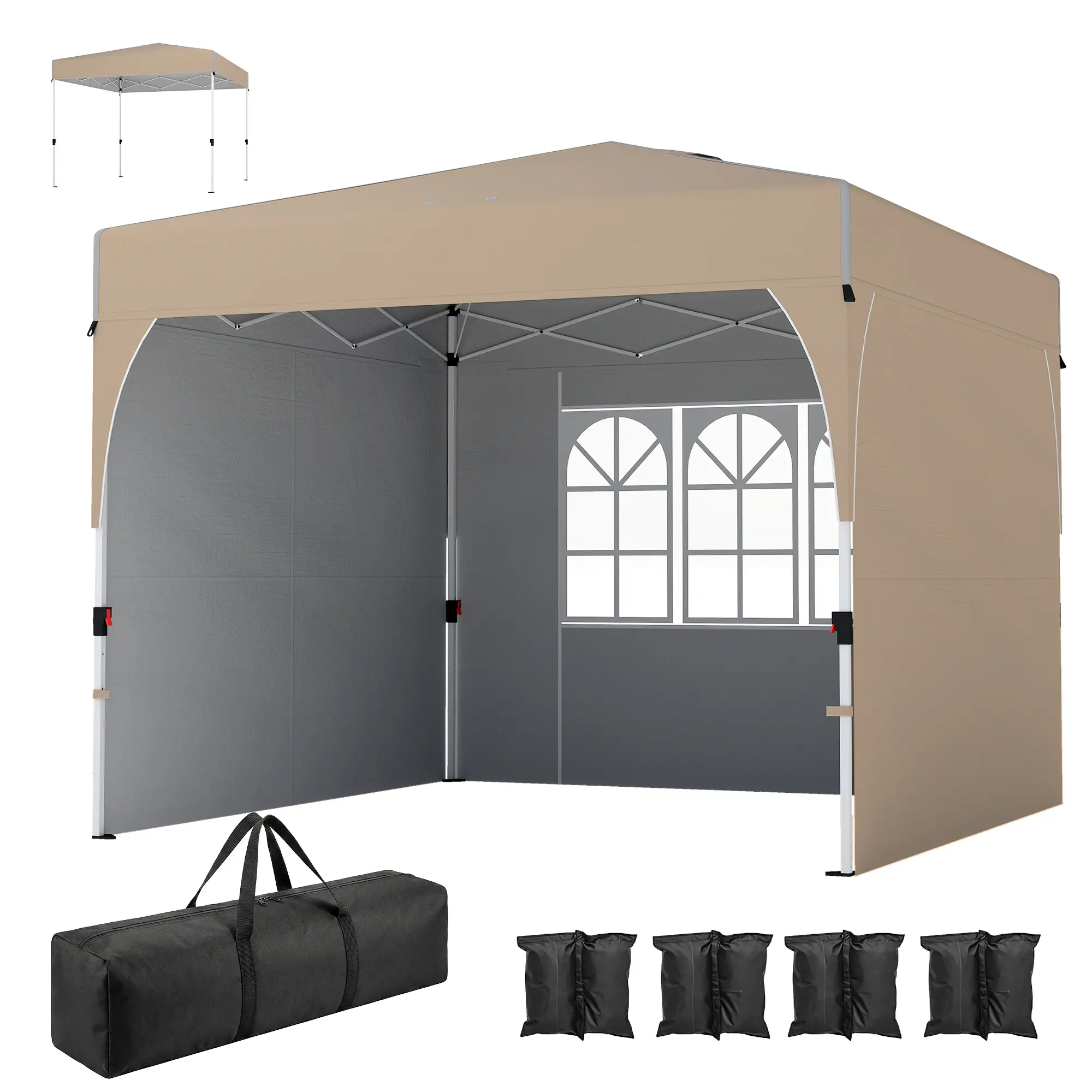 9.6 x 9.6 ft Pop Up Canopy Tent, 3 Sidewalls, UPF 50+, Khaki
