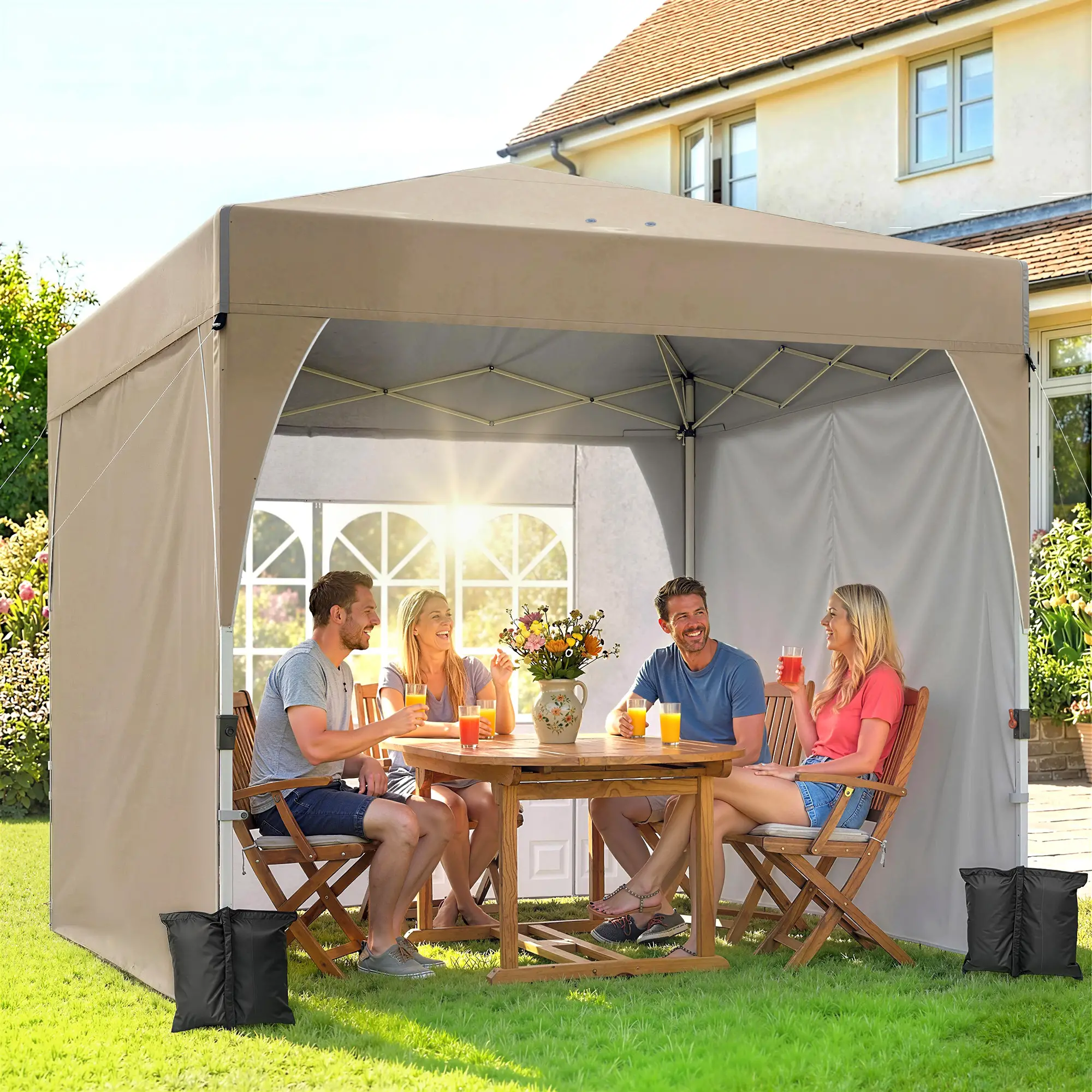 9.6 x 9.6 ft Pop Up Canopy Tent, 3 Sidewalls, UPF 50+, Khaki - Image 2