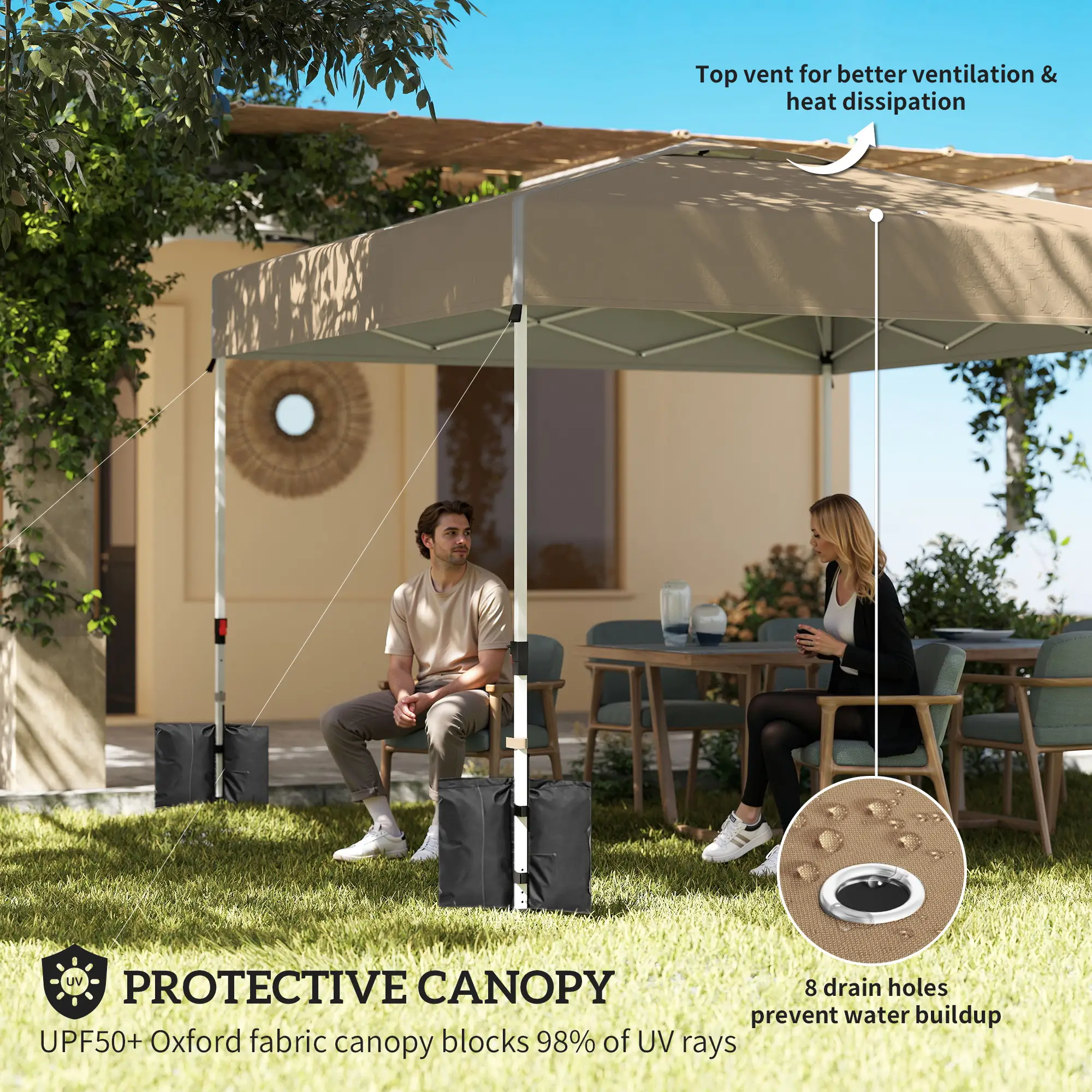 9.6 x 9.6 ft Pop Up Canopy Tent, 3 Sidewalls, UPF 50+, Khaki - Image 4