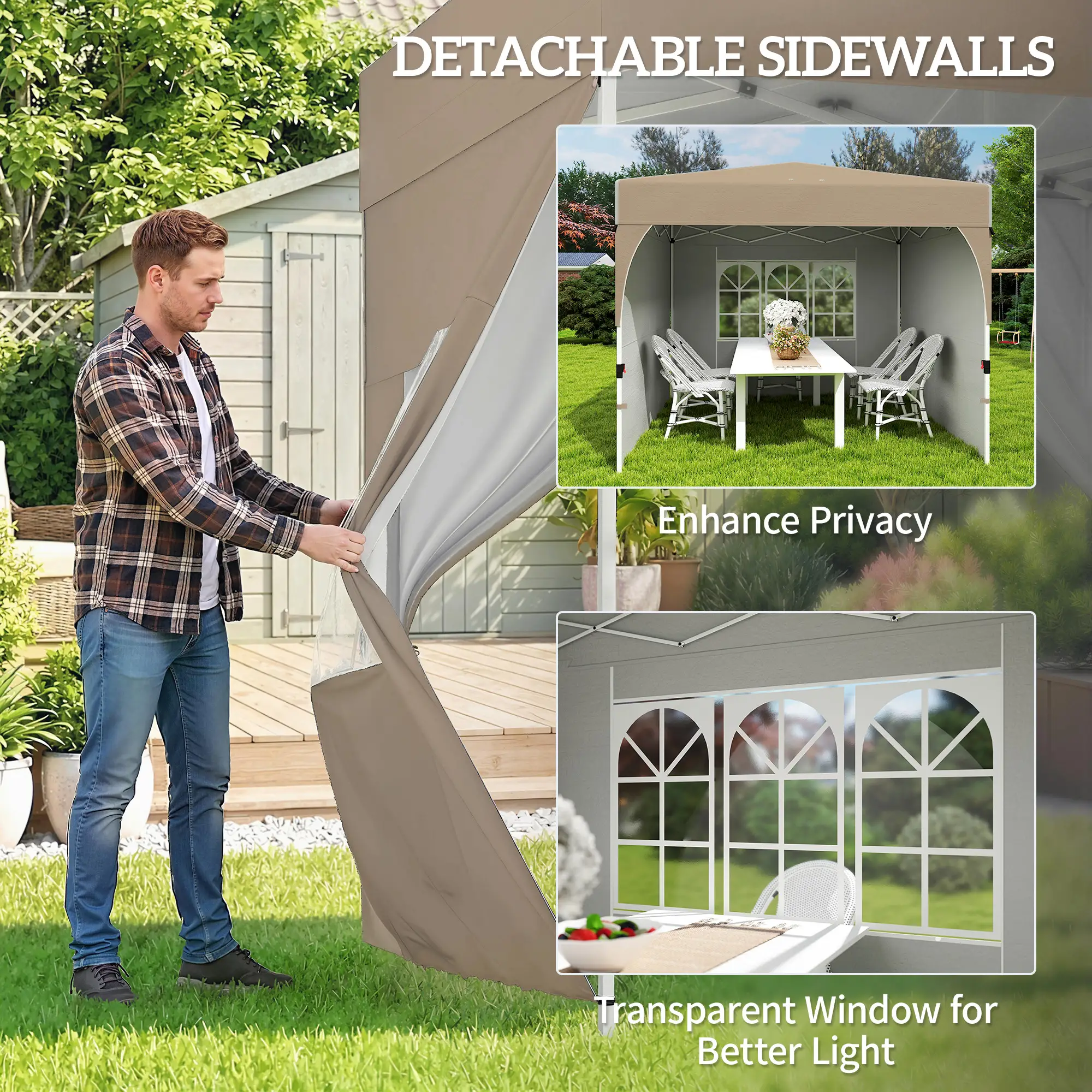 9.6 x 9.6 ft Pop Up Canopy Tent, 3 Sidewalls, UPF 50+, Khaki - Image 7