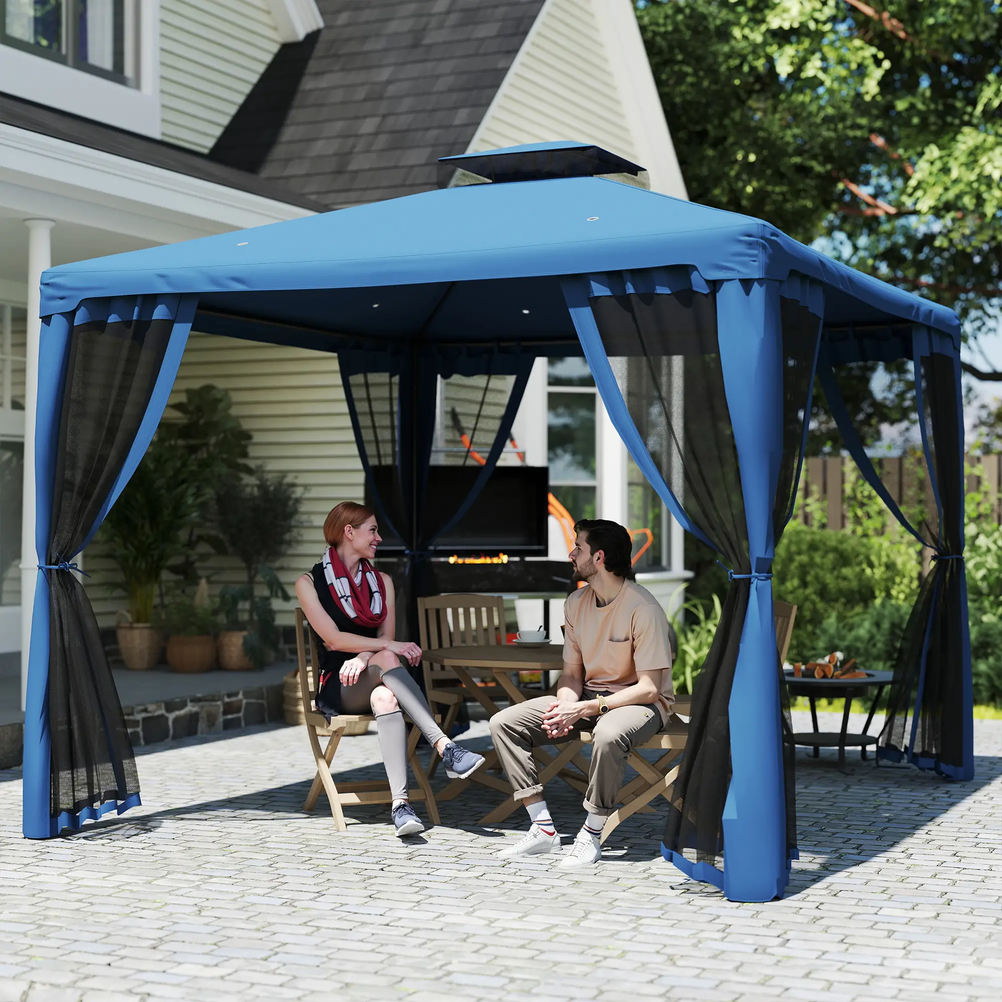 9.6' x 9.6' Patio Gazebo, Steel Frame, Mosquito Netting, Dark Blue - Image 10