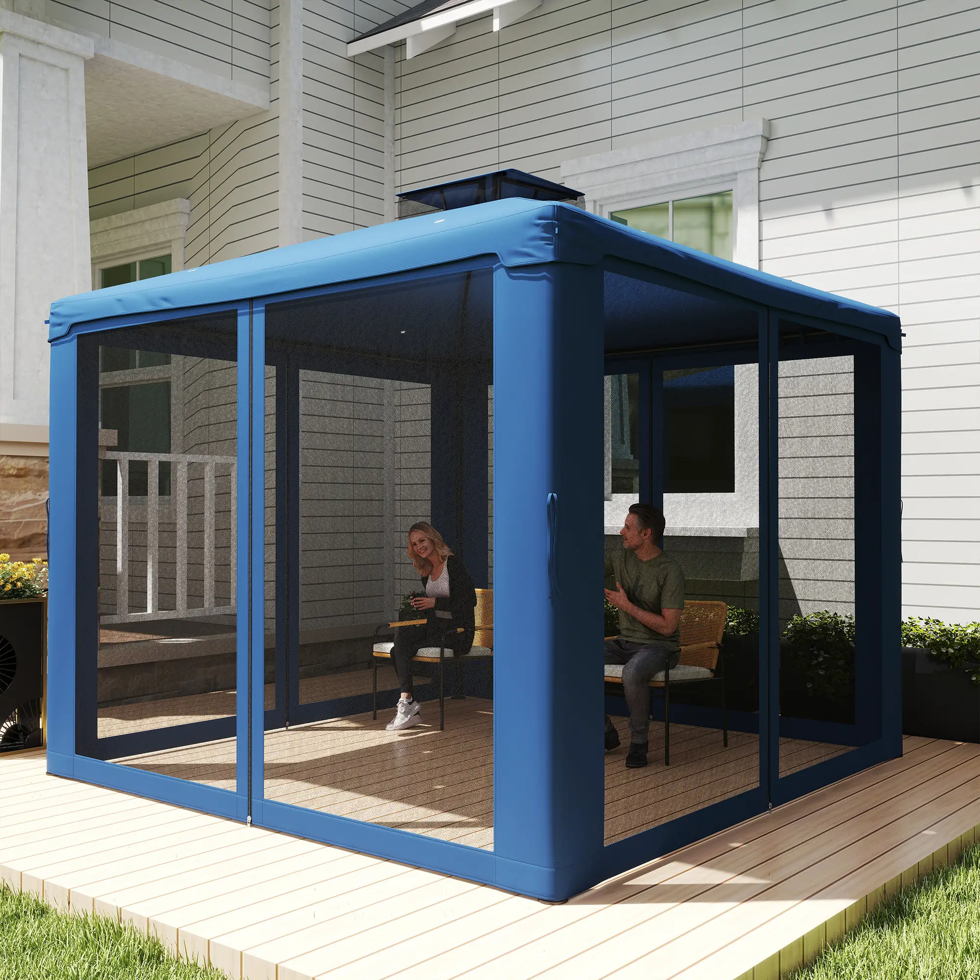 9.6' x 9.6' Patio Gazebo, Steel Frame, Mosquito Netting, Dark Blue - Image 2