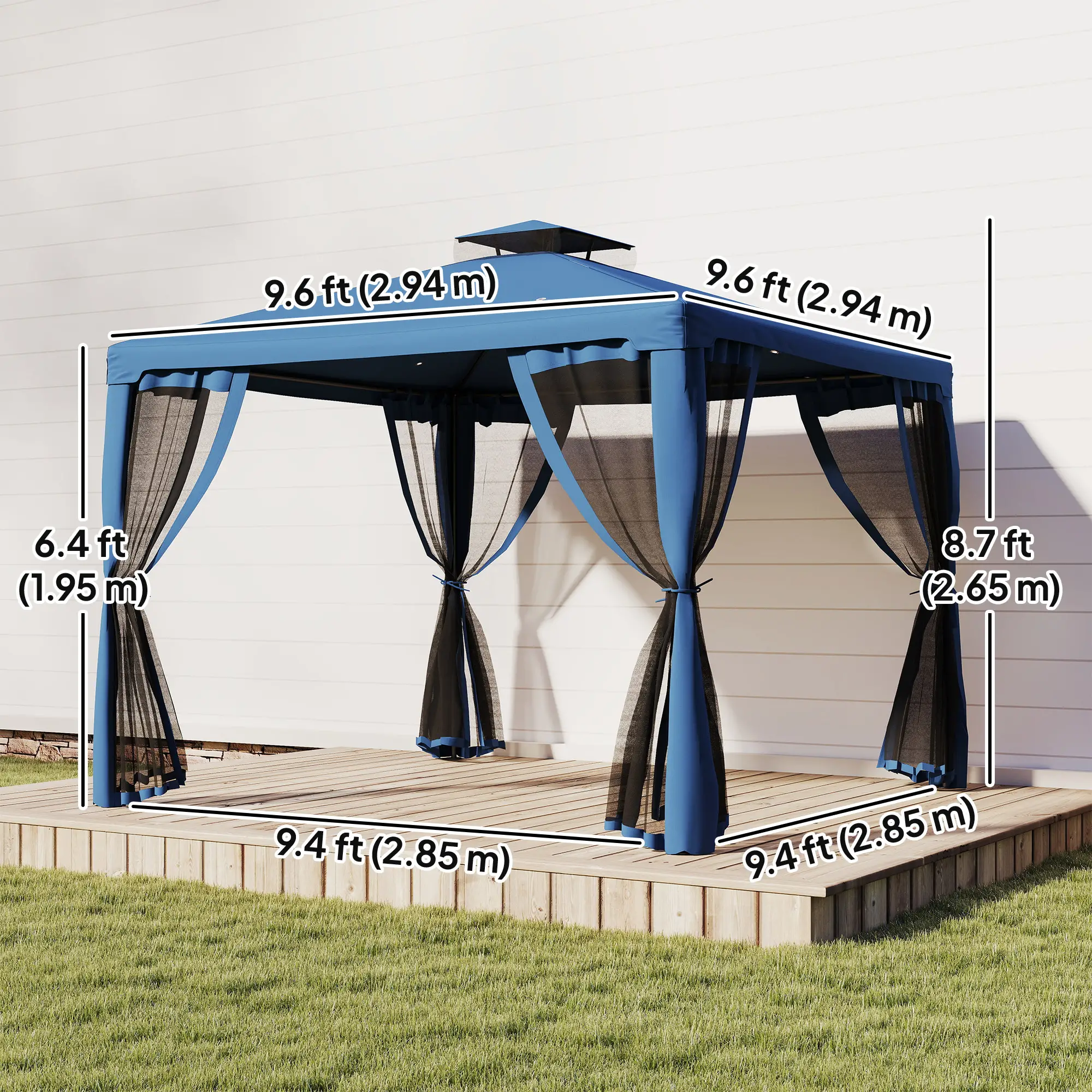 9.6' x 9.6' Patio Gazebo, Steel Frame, Mosquito Netting, Dark Blue - Image 3