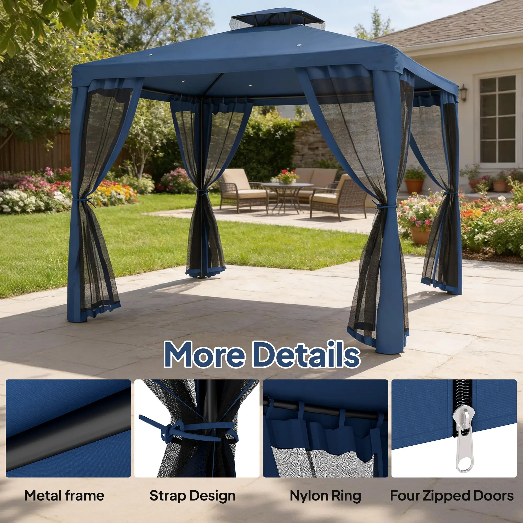 9.6' x 9.6' Patio Gazebo, Steel Frame, Mosquito Netting, Dark Blue - Image 6
