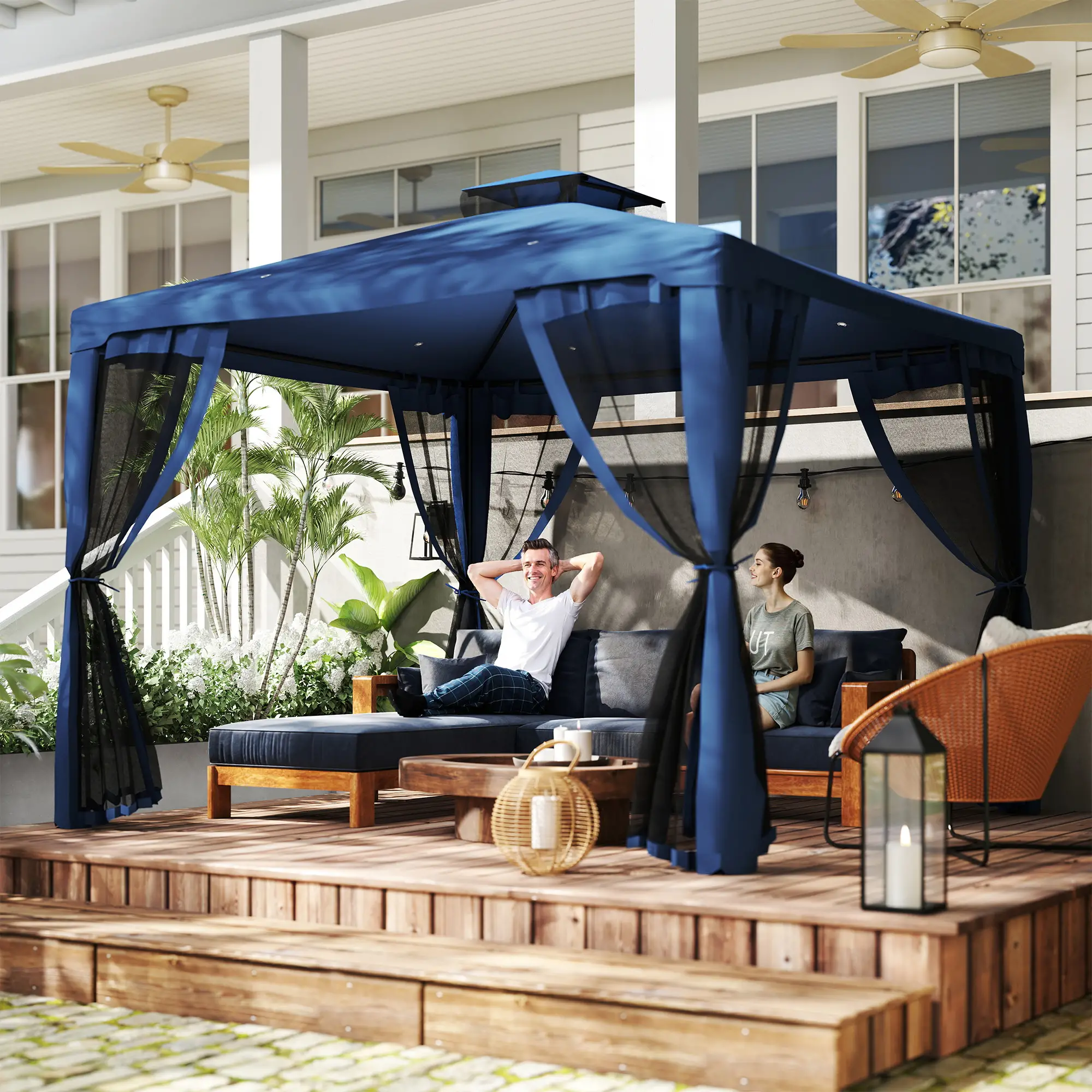 9.6' x 9.6' Patio Gazebo, Steel Frame, Mosquito Netting, Dark Blue - Image 8