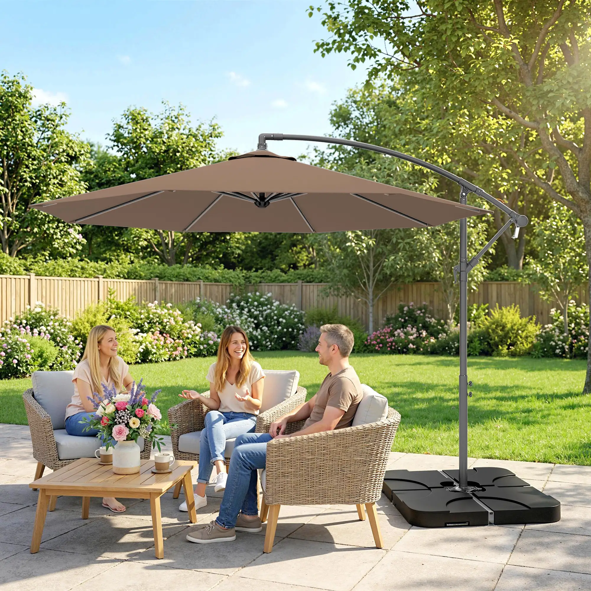 9.6ft Offset Patio Umbrella, Hanging Parasol, Crank, Base - Image 10