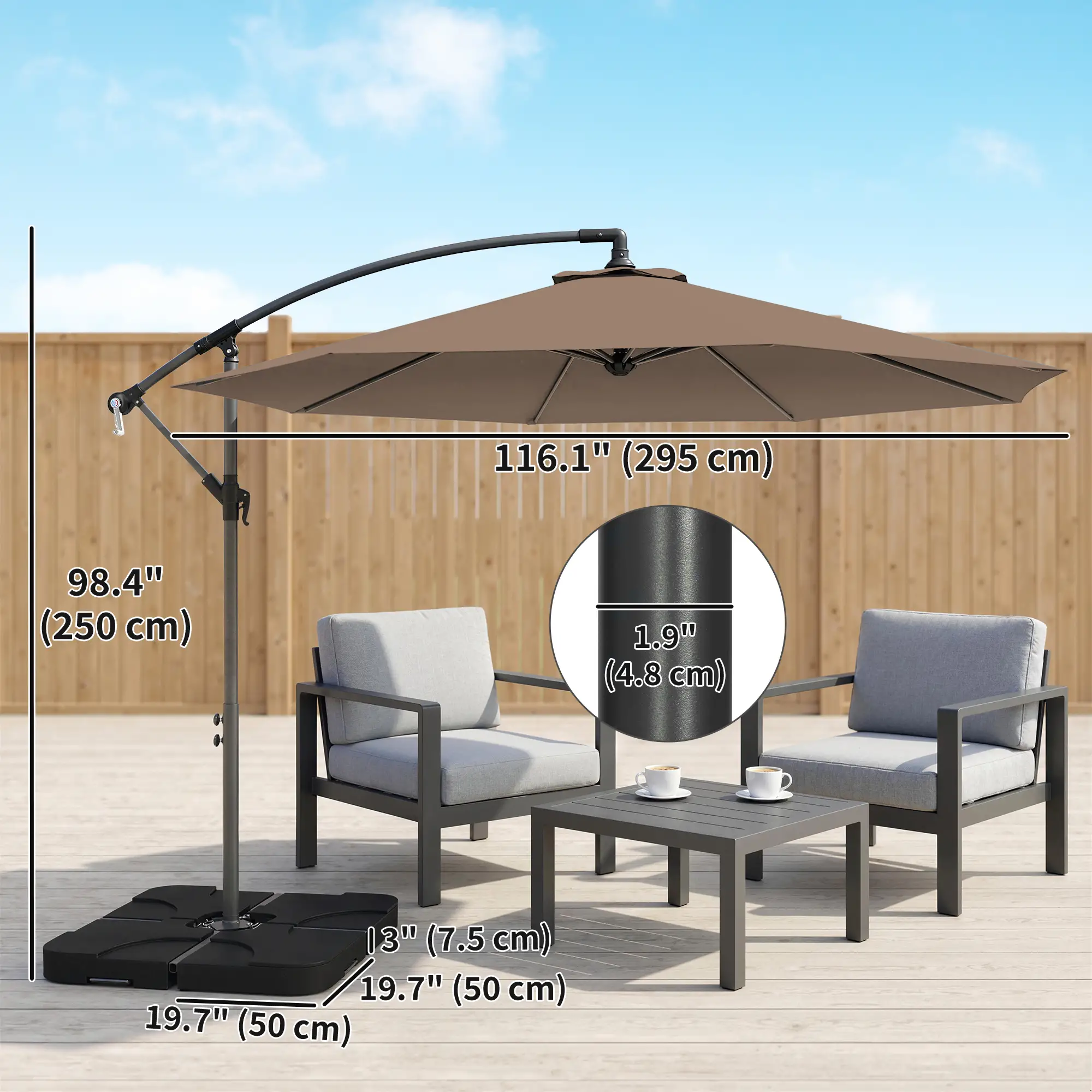 9.6ft Offset Patio Umbrella, Hanging Parasol, Crank, Base - Image 3