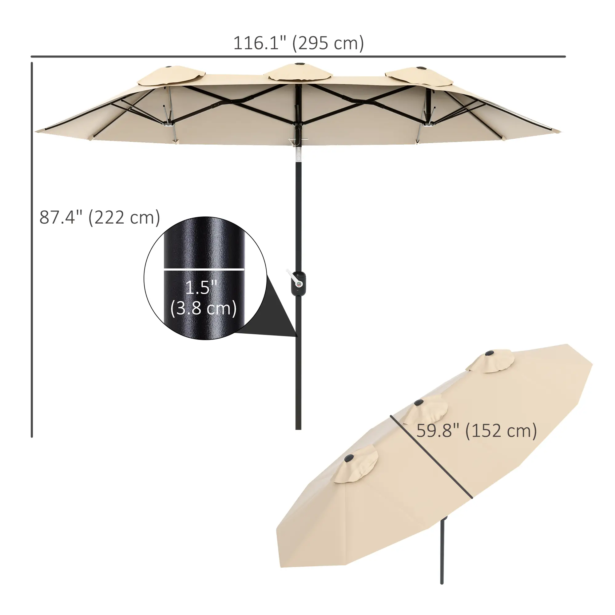 9.7' Double-Sided Patio Umbrella, Tilt Crank Vents, Brown - Image 3