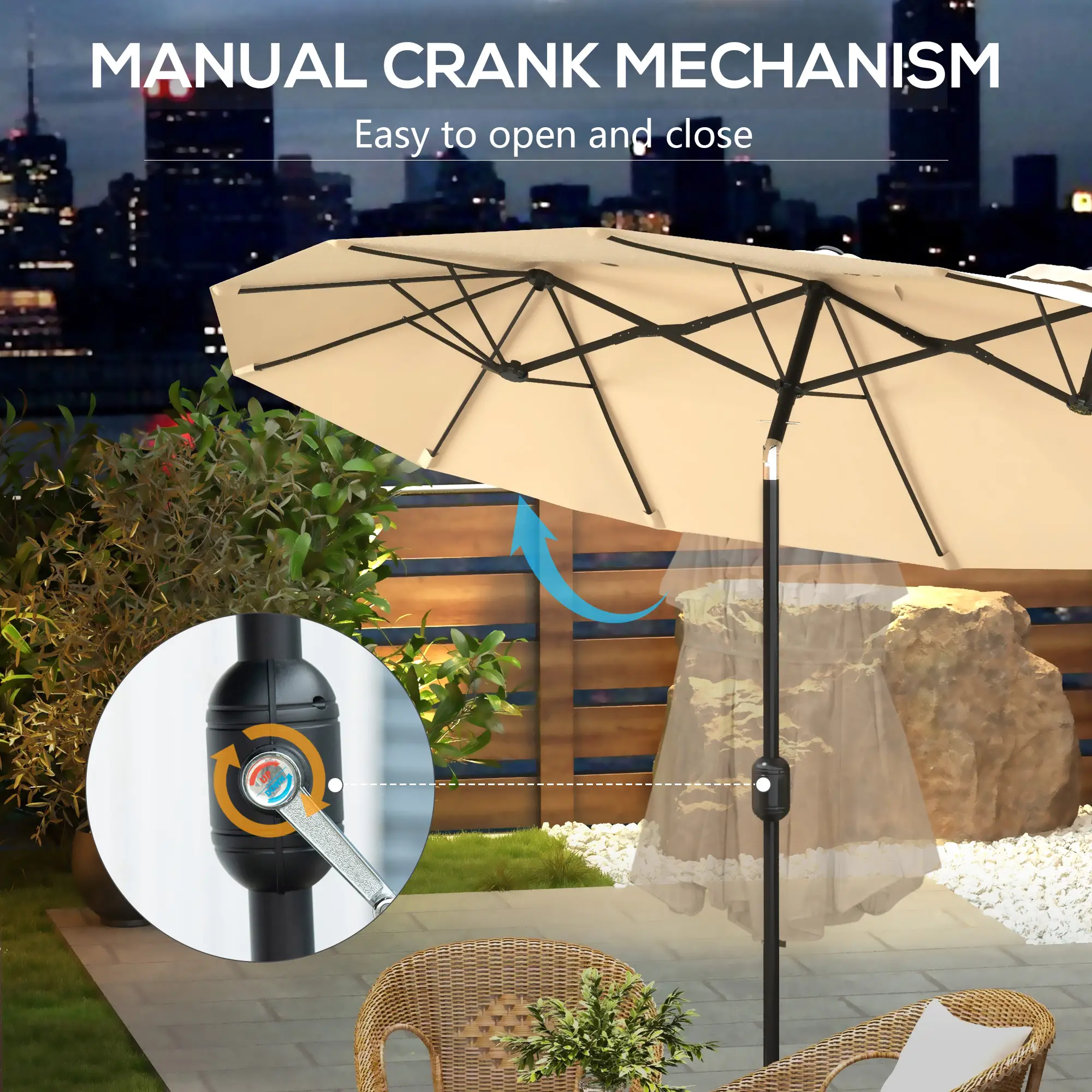9.7' Double-Sided Patio Umbrella, Tilt Crank Vents, Brown - Image 6